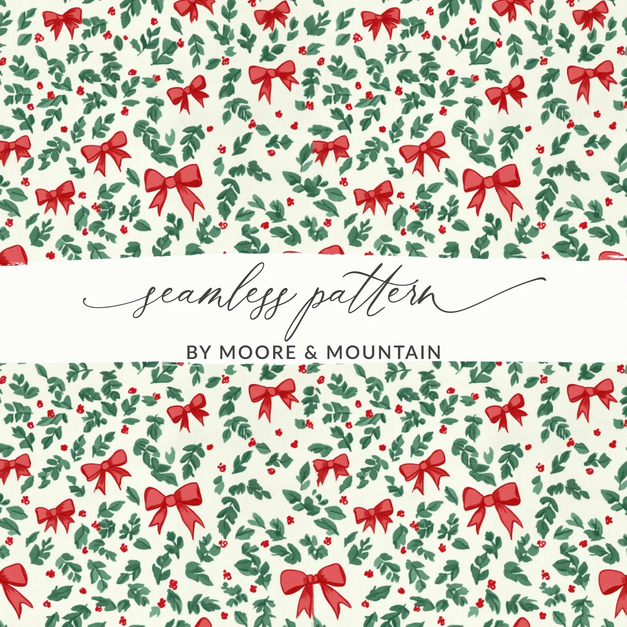 Coquette Christmas Digital Paper, Holly Bow Pattern, Seamless Festive Design, Holiday Scrapbook Paper, Winter Background, Digital Download - Moore and Mountain