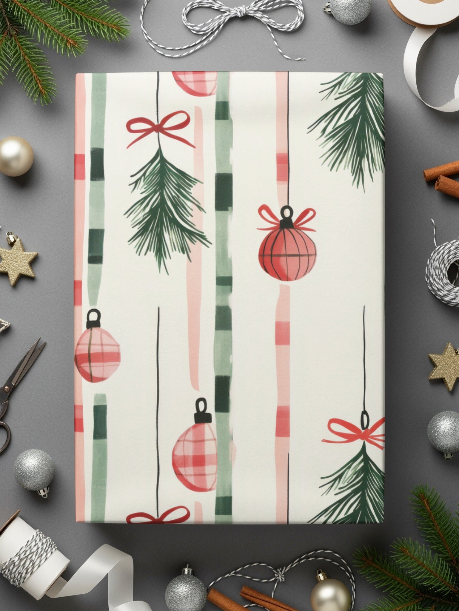 Coquette Christmas Tree Ornaments Digital Download | Holiday Striped Background | Festive Home Decor Printable - Moore and Mountain