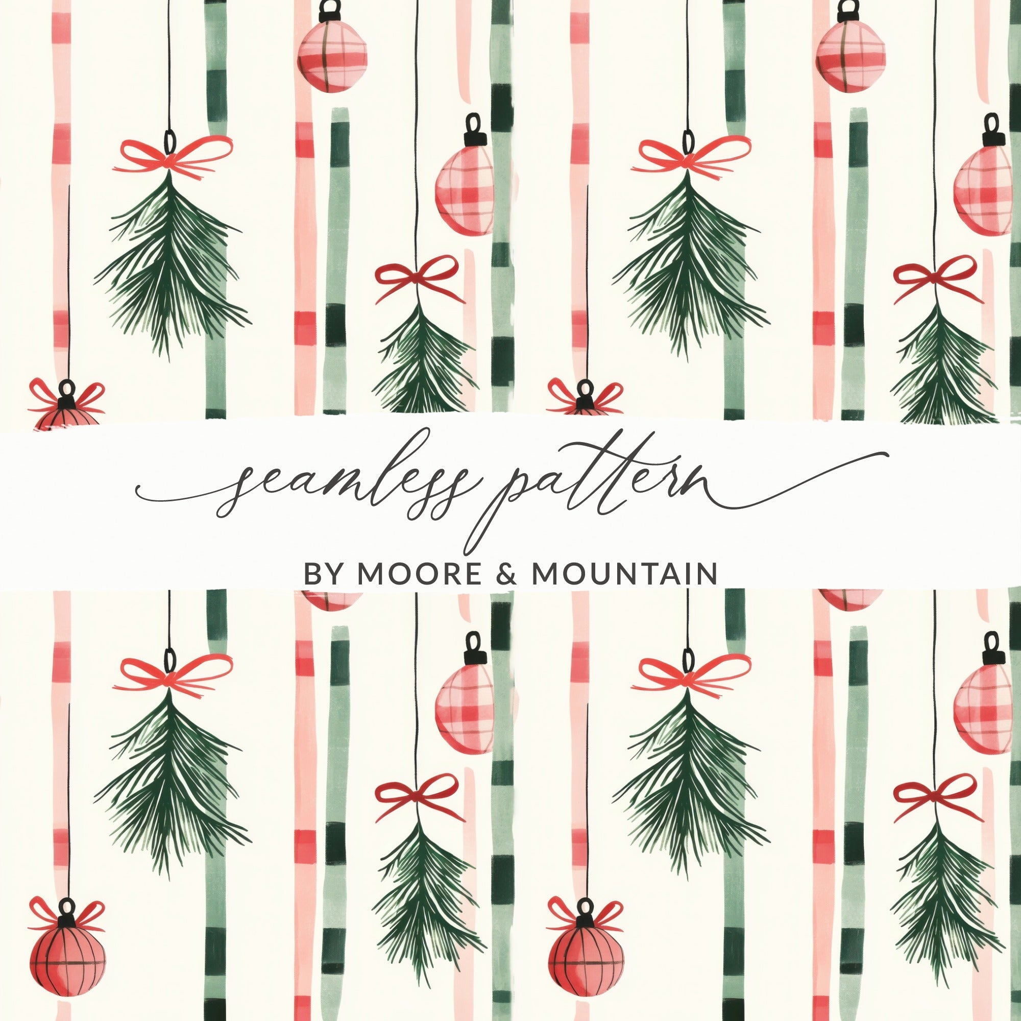 Coquette Christmas Tree Ornaments Digital Download | Holiday Striped Background | Festive Home Decor Printable - Moore and Mountain