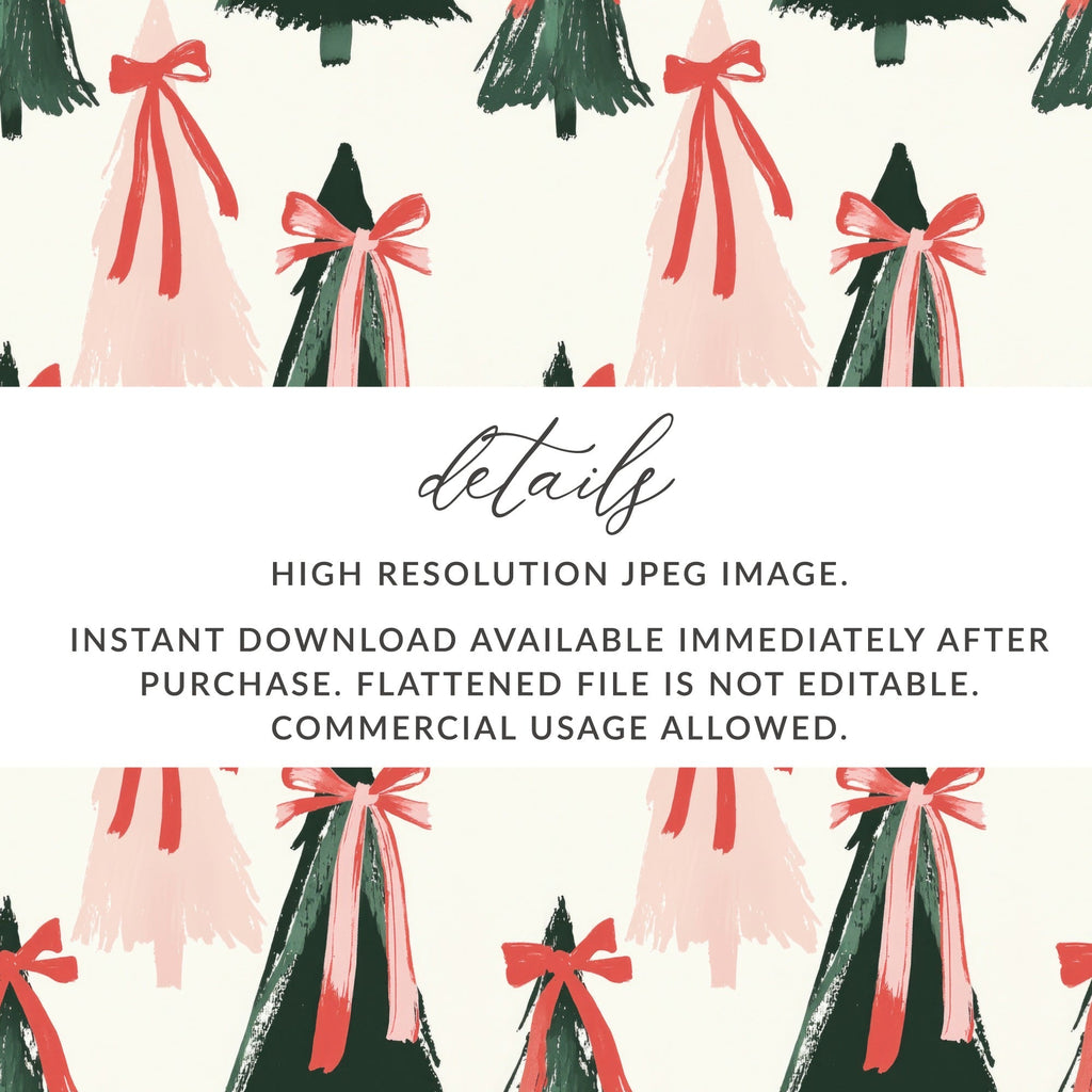 Coquette Christmas Tree Seamless Pattern Digital Paper, Holiday Digital Download, Red Bow Trees, Festive Background, Xmas Scrapbook Paper - Moore and Mountain