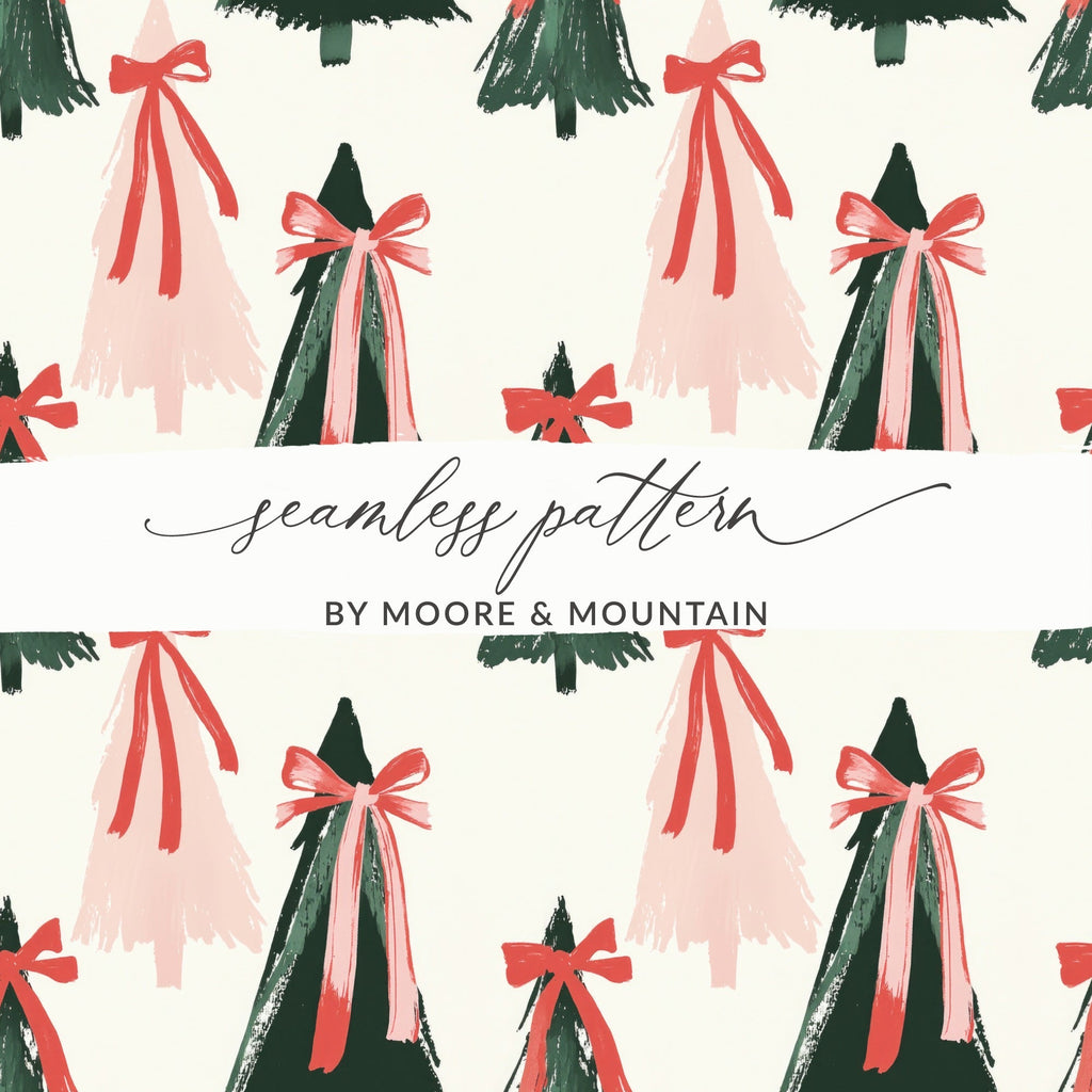 Coquette Christmas Tree Seamless Pattern Digital Paper, Holiday Digital Download, Red Bow Trees, Festive Background, Xmas Scrapbook Paper - Moore and Mountain