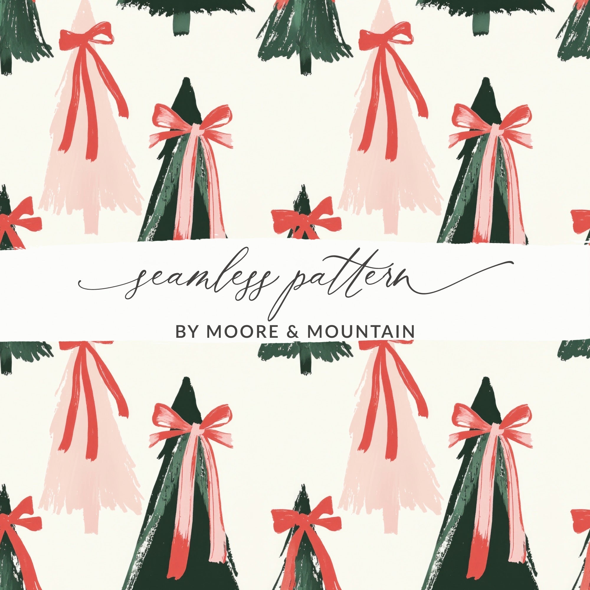 Coquette Christmas Tree Seamless Pattern Digital Paper, Holiday Digital Download, Red Bow Trees, Festive Background, Xmas Scrapbook Paper - Moore and Mountain