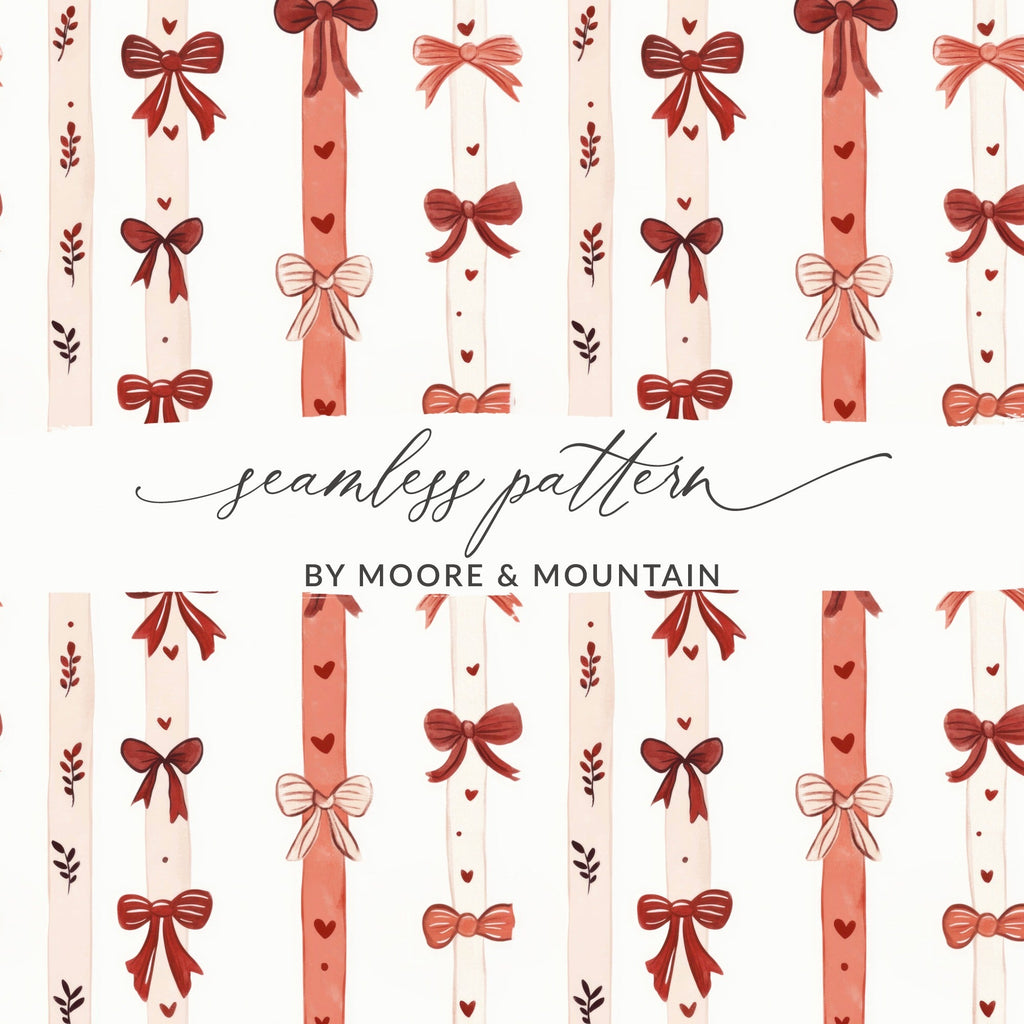 Coquette Red and Pink Bows Ribbons Hearts Stripes Seamless Pattern Texture Digital - Moore and Mountain