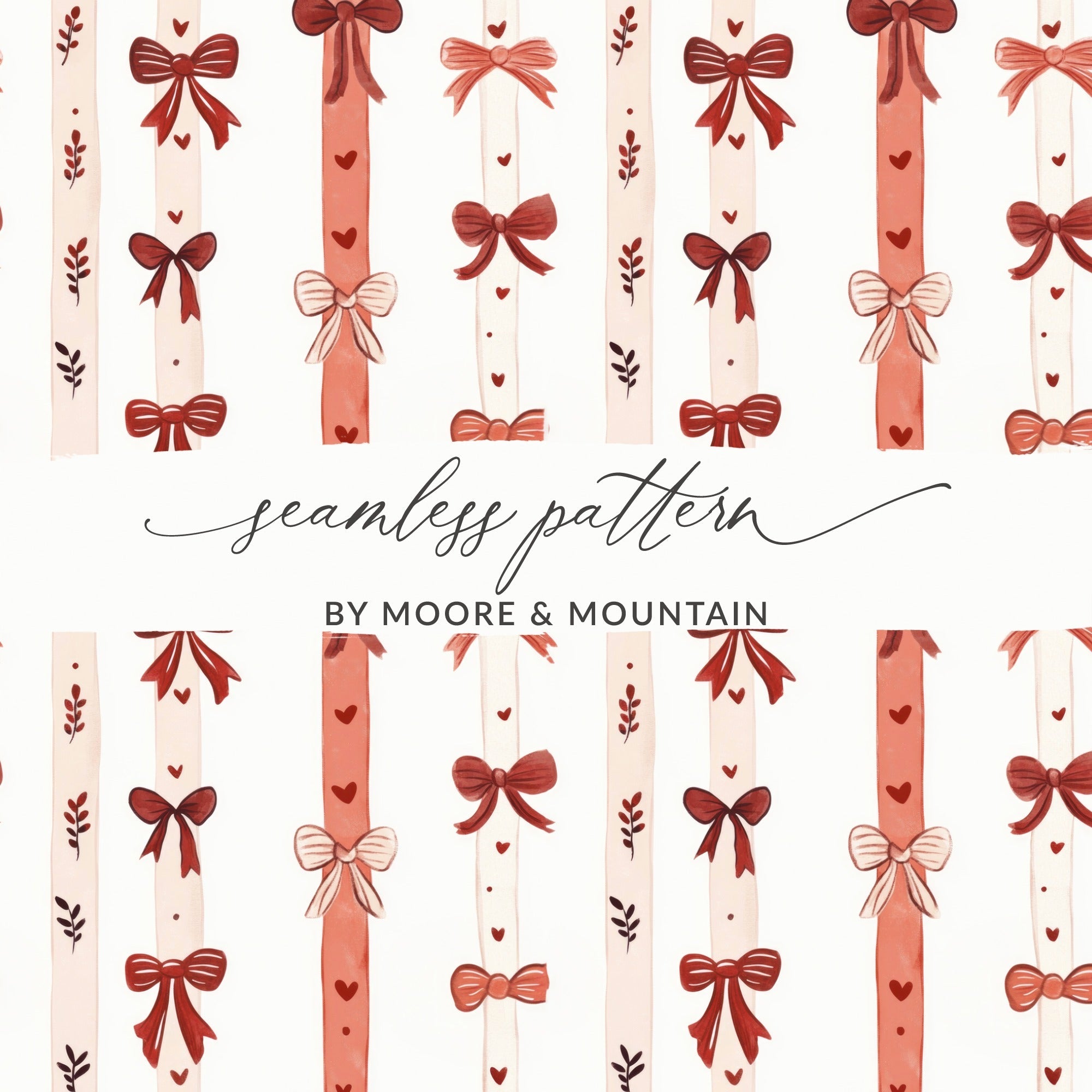 Coquette Red and Pink Bows Ribbons Hearts Stripes Seamless Pattern Texture Digital - Moore and Mountain