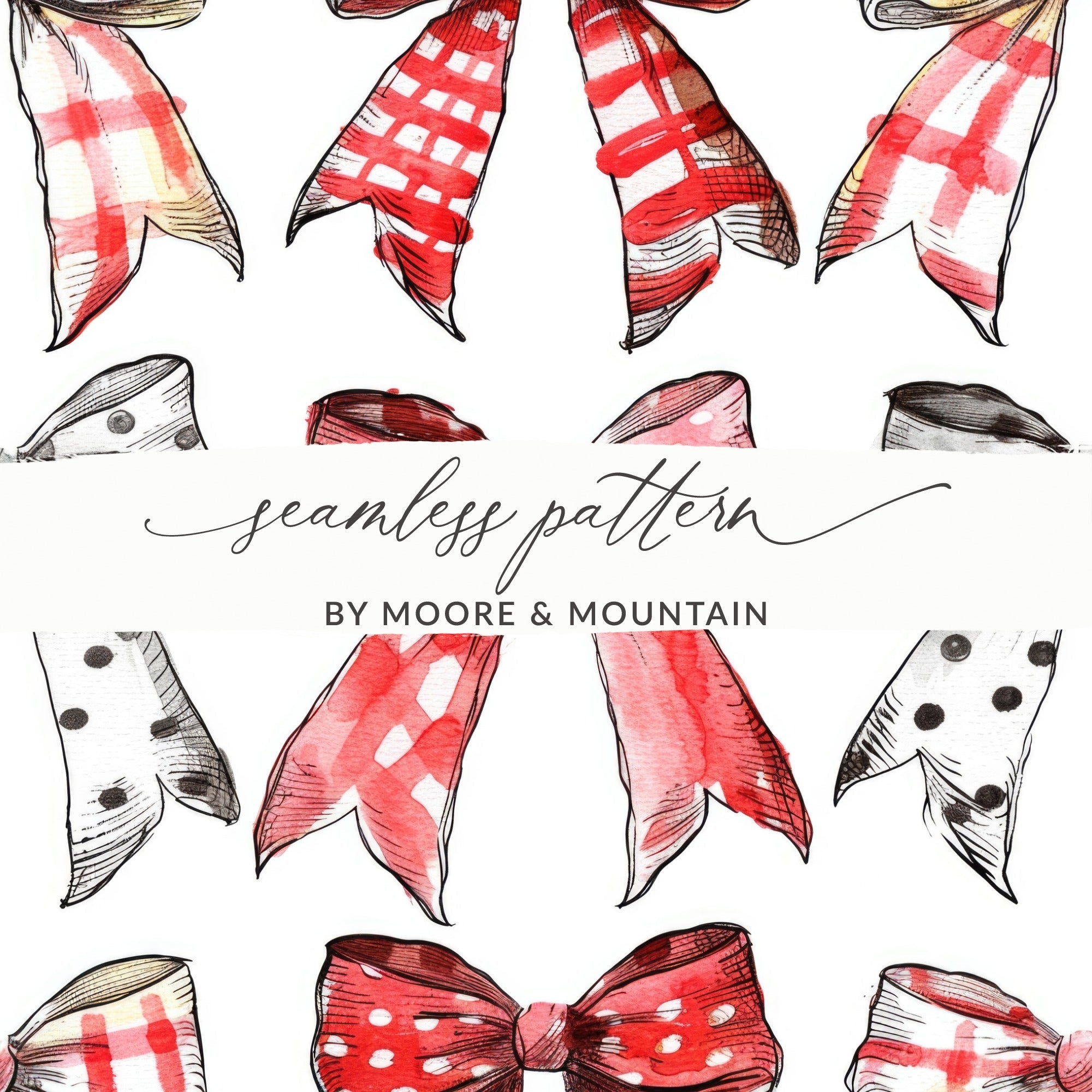 Watercolor Bows Digital Paper, Seamless Bow Pattern, Red Black Bows Fabric Design, Girly Bows Scrapbook Paper, Printable Bows, Digital - Moore and Mountain
