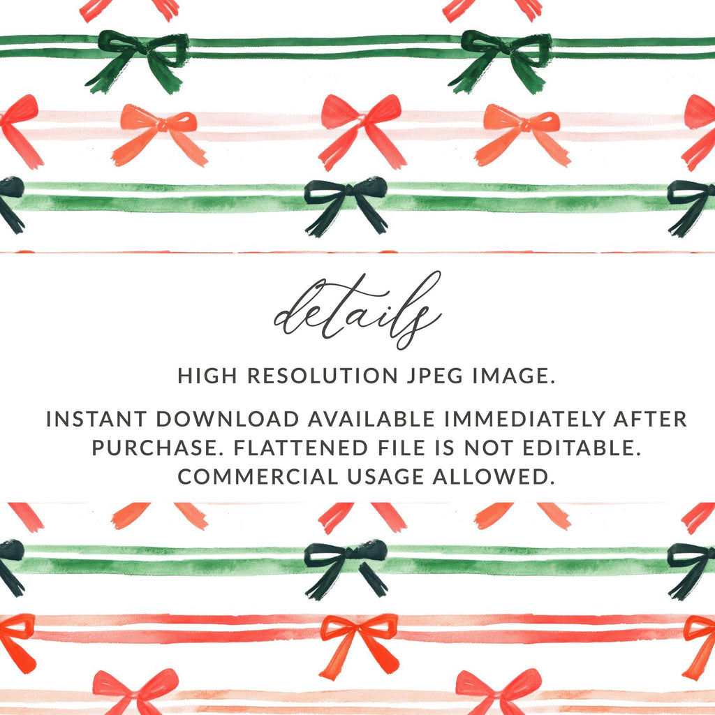 Coquette Watercolor Holiday Ribbons on Stripes Seamless Pattern Digital Red and Green Bows - Moore and Mountain