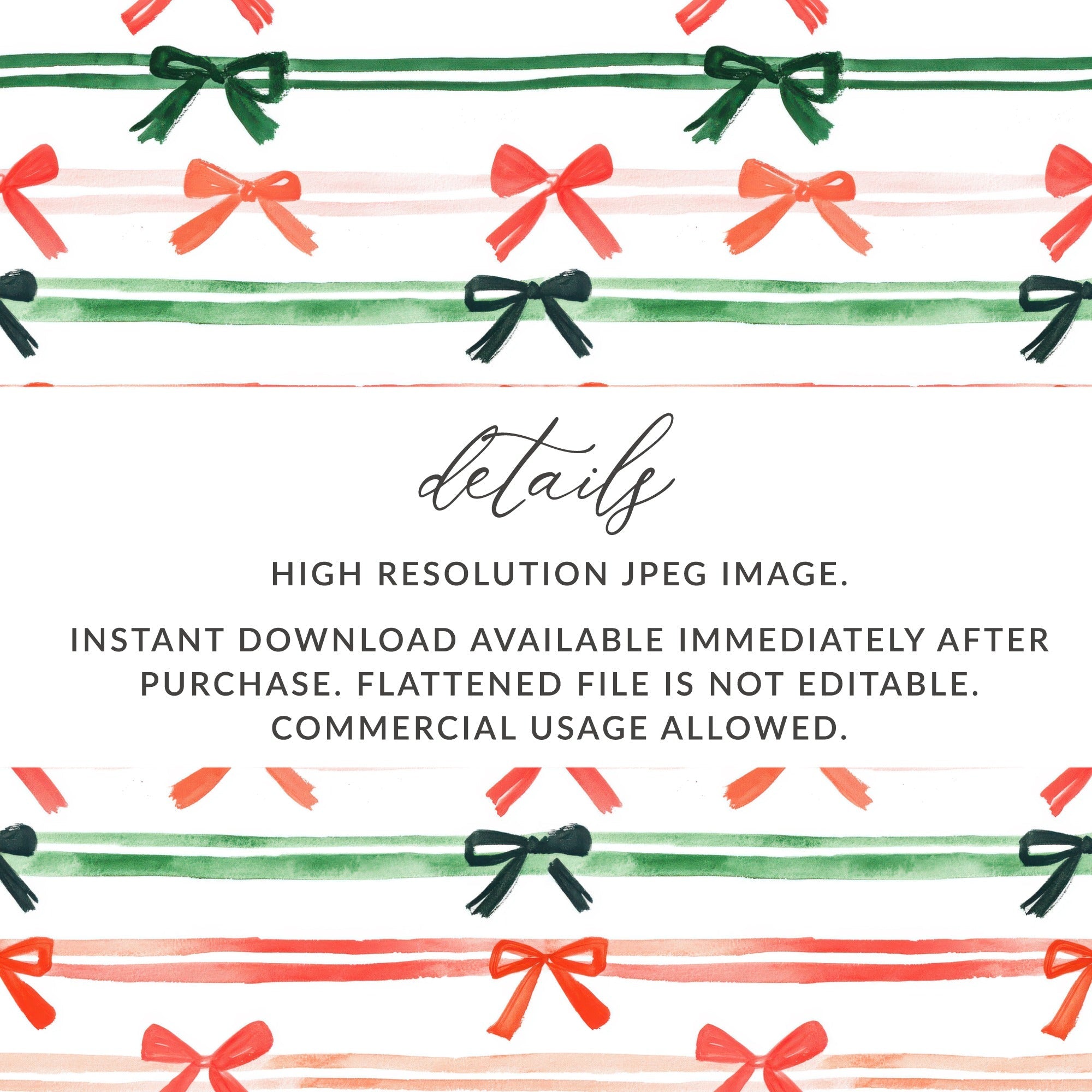 Coquette Watercolor Holiday Ribbons on Stripes Seamless Pattern Digital Red and Green Bows - Moore and Mountain