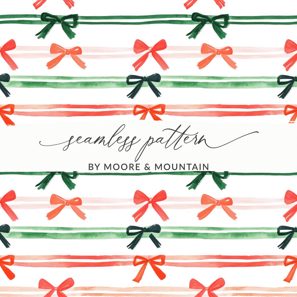 Coquette Watercolor Holiday Ribbons on Stripes Seamless Pattern Digital Red and Green Bows - Moore and Mountain