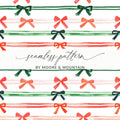 Coquette Watercolor Holiday Ribbons on Stripes Seamless Pattern Digital Red and Green Bows - Moore and Mountain
