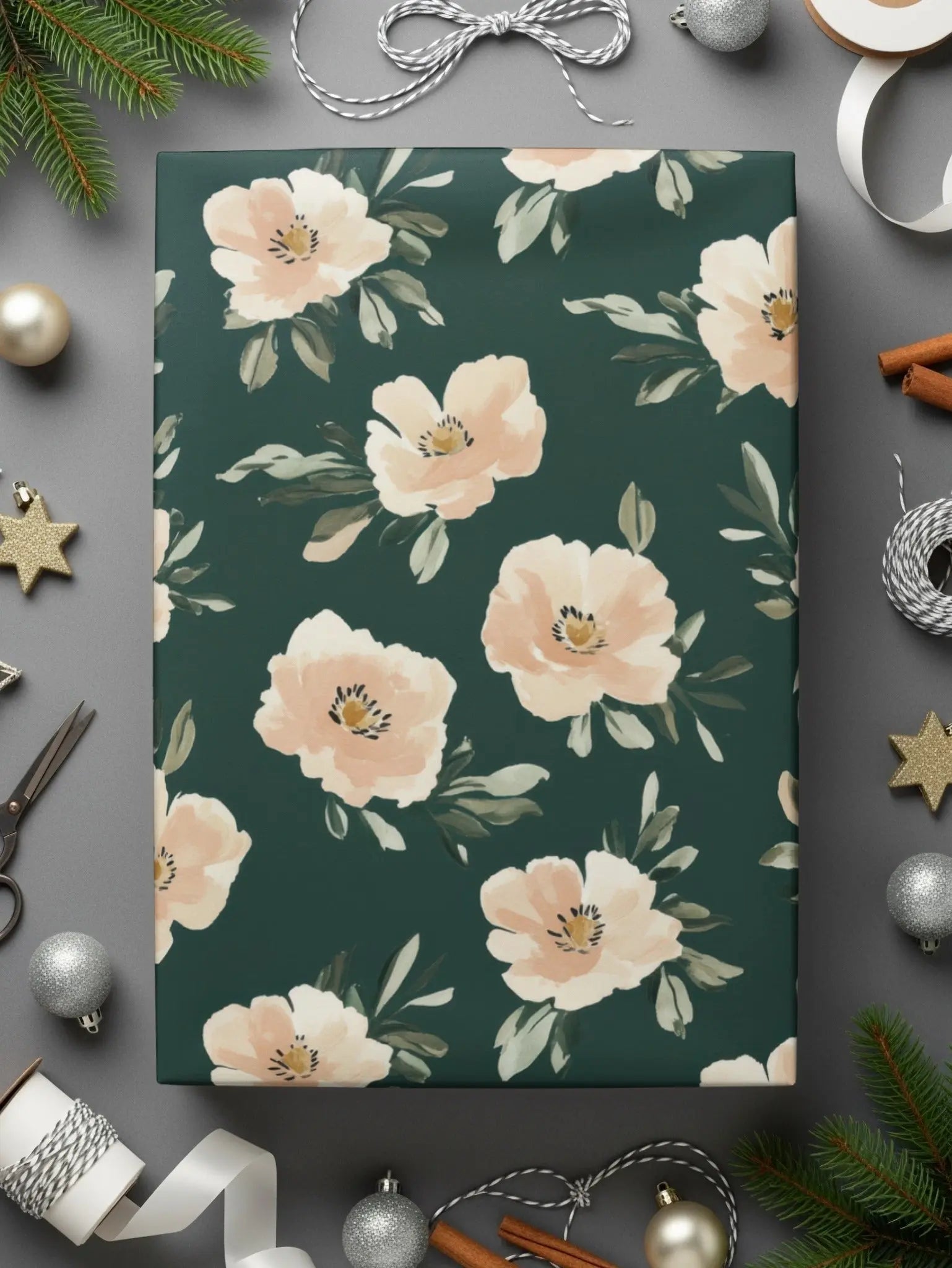 Coral and Green Dark Floral Seamless Pattern, Digital Paper, Green, Beige Flower Digital, Commercial Use Modern Floral Design - Moore and Mountain