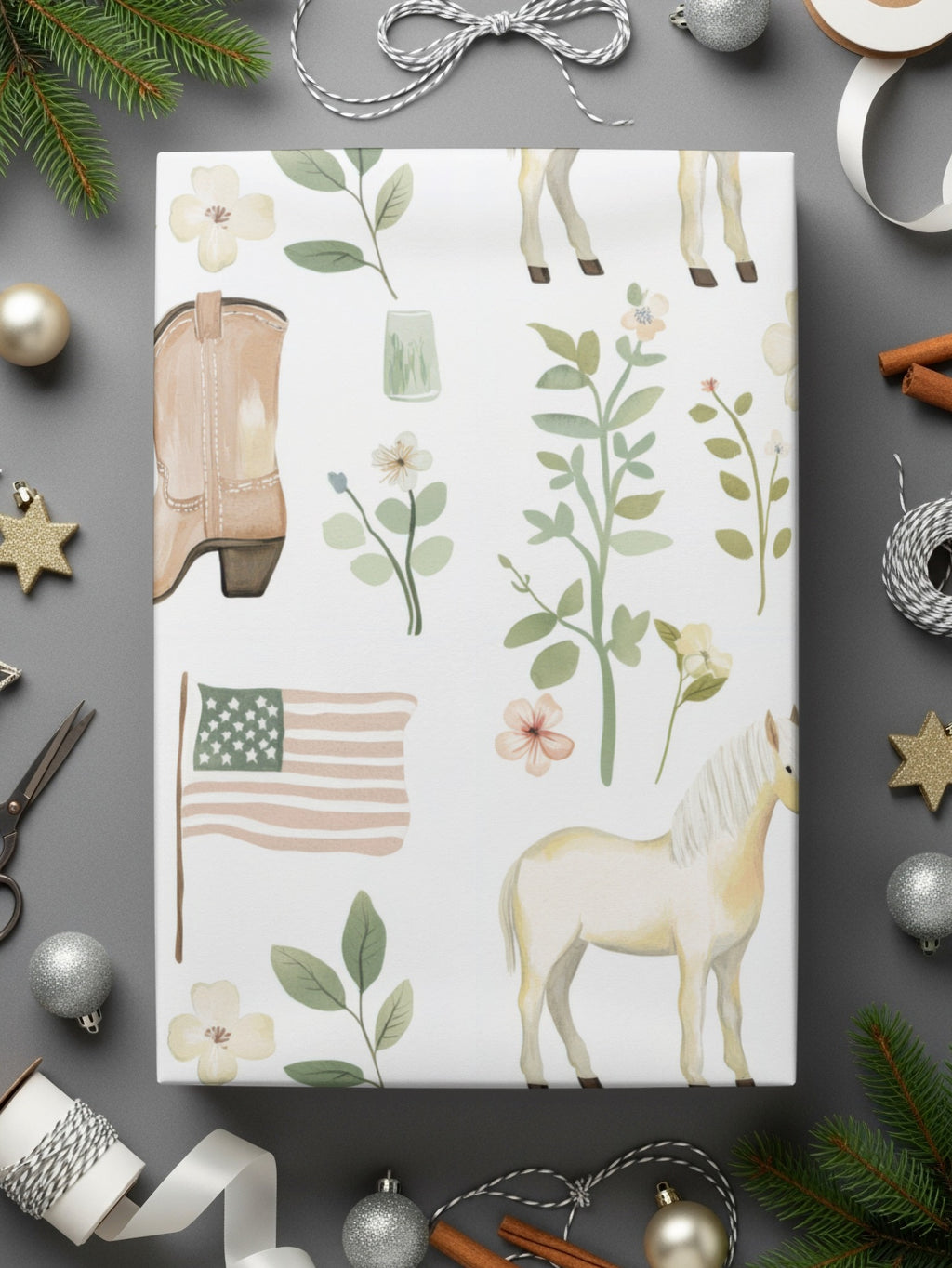 Vintage Western Holiday Illustration Gift Wrap Paper