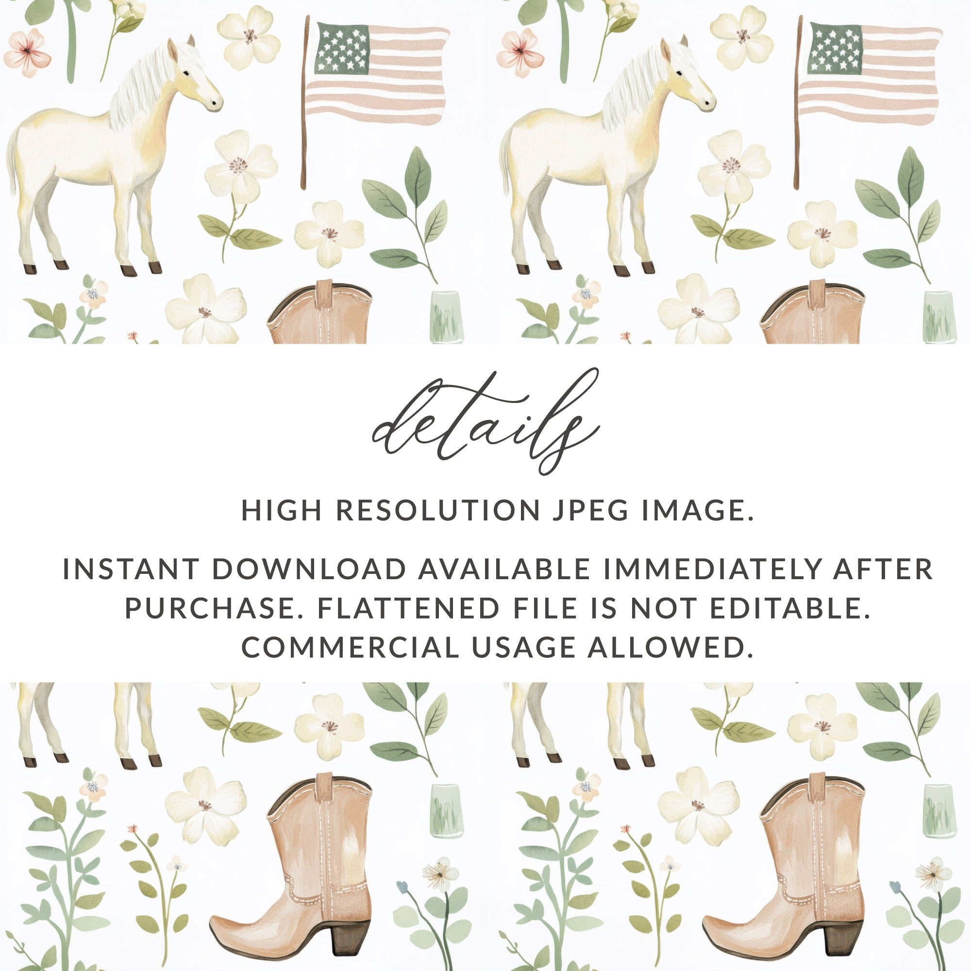 Watercolor Horse and Floral American Flag Design