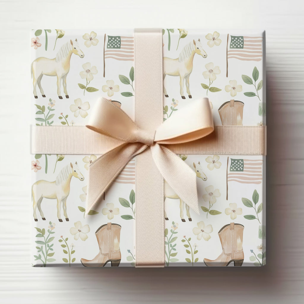 Western Equestrian Theme Gift Wrap with Boots and Flags