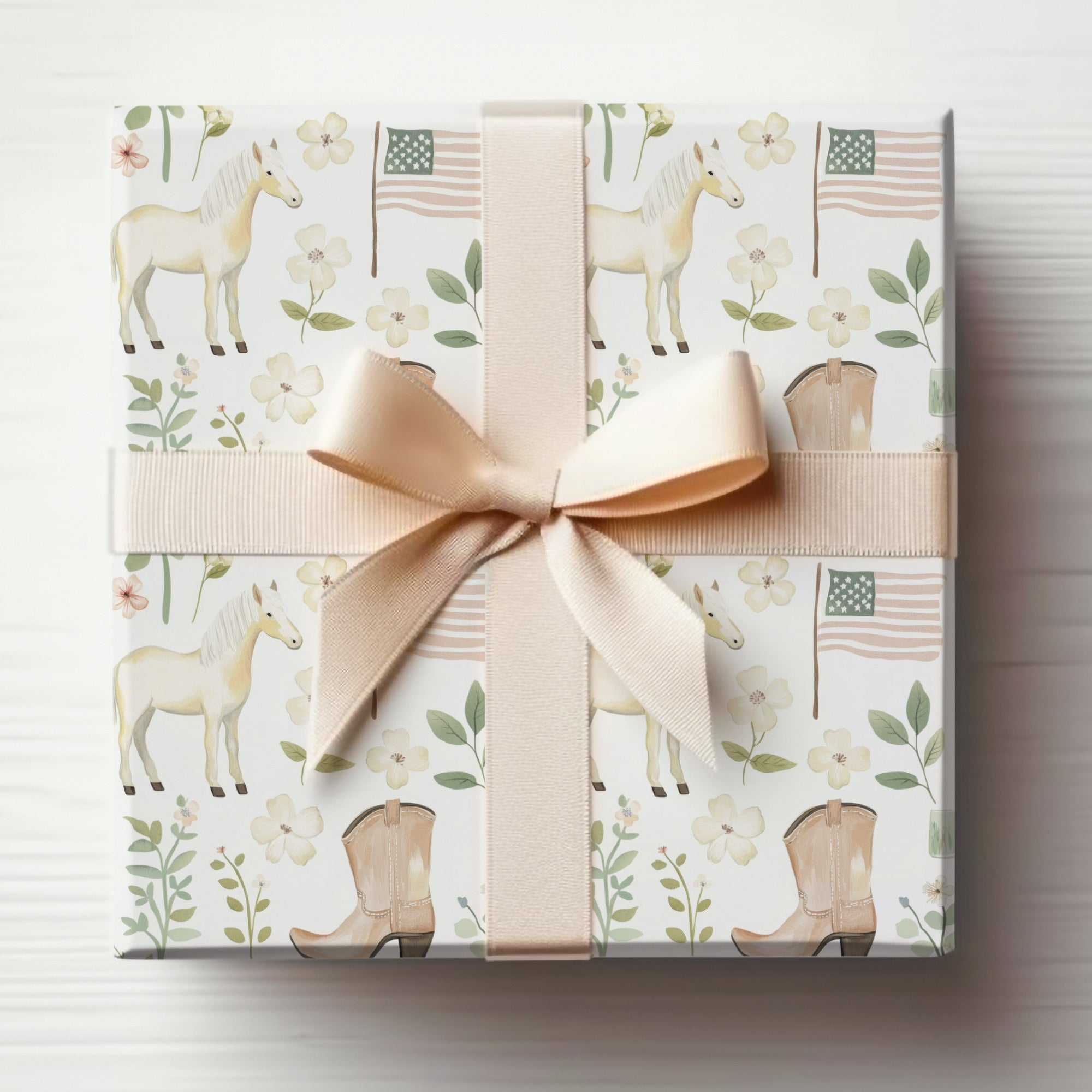 Western Equestrian Theme Gift Wrap with Boots and Flags