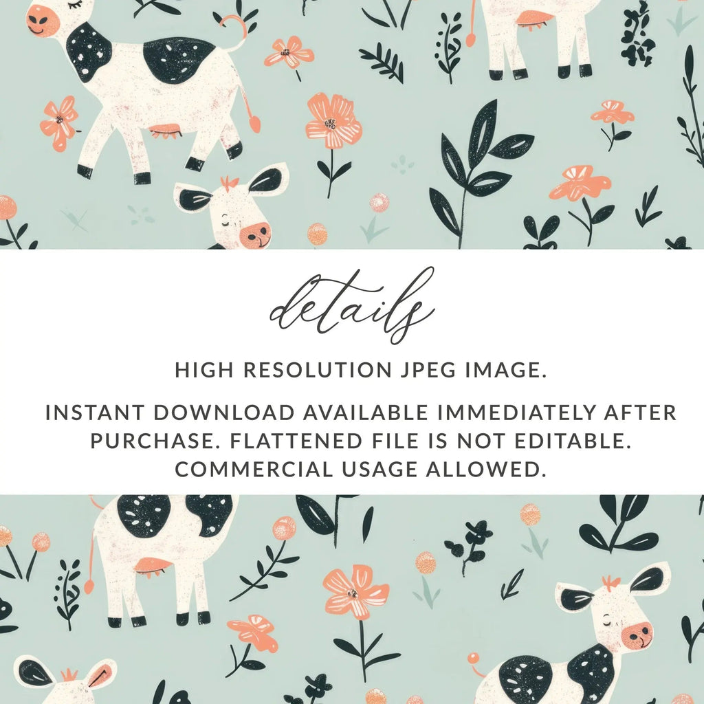 Cow Digital Paper, Floral Seamless Pattern, Farm Animal Background, Cute Digital Download, Nursery Print, Scrapbook Paper, Commercial Use - Moore and Mountain