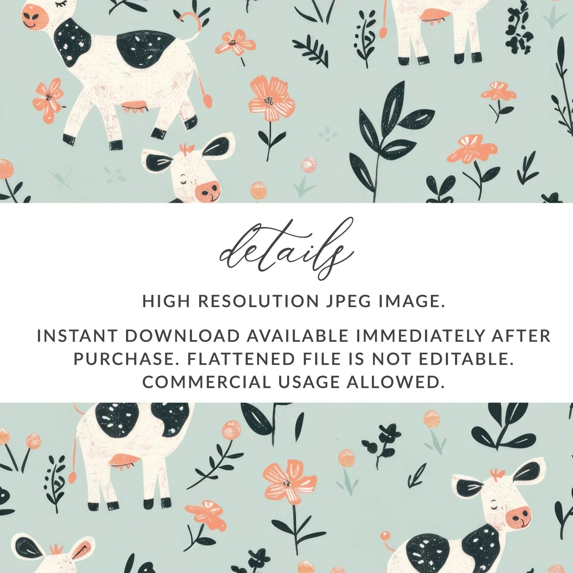 Cow Digital Paper, Floral Seamless Pattern, Farm Animal Background, Cute Digital Download, Nursery Print, Scrapbook Paper, Commercial Use - Moore and Mountain