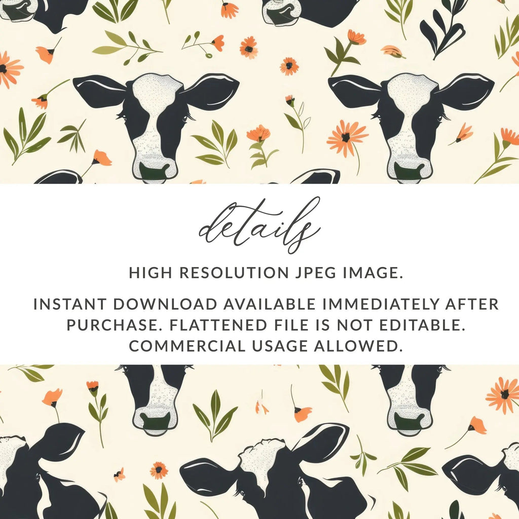 Cow and Floral Seamless Pattern Digital File, Farm Animal Print, Cute Pet Design, Repeat Pattern, Commercial Use, Digital Download - Moore and Mountain