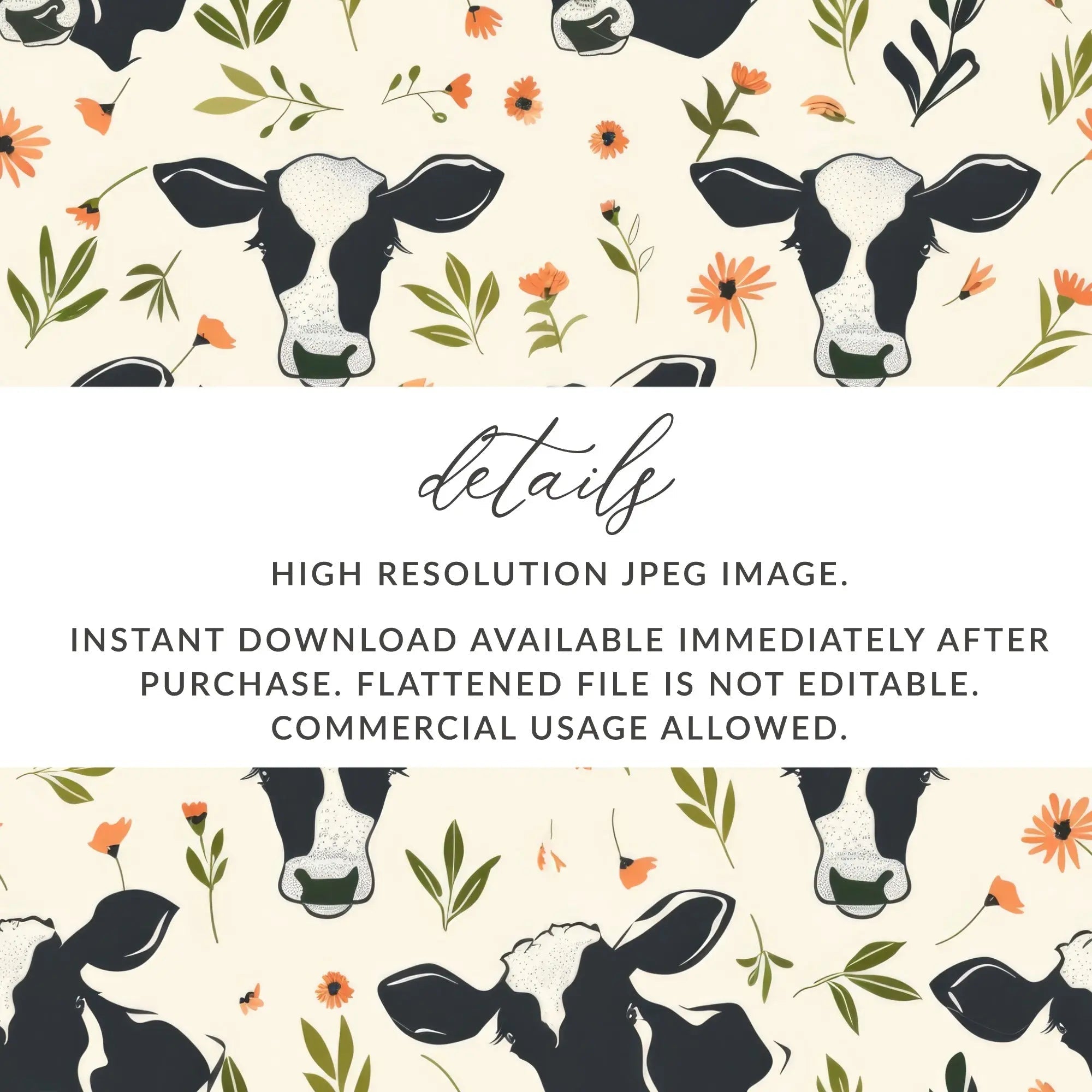 Cow and Floral Seamless Pattern Digital File, Farm Animal Print, Cute Pet Design, Repeat Pattern, Commercial Use, Digital Download - Moore and Mountain