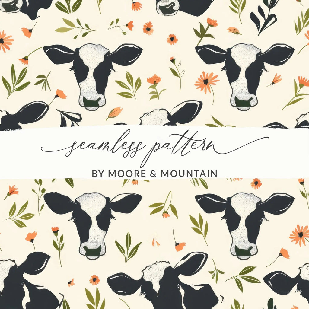 Cow and Floral Seamless Pattern Digital File, Farm Animal Print, Cute Pet Design, Repeat Pattern, Commercial Use, Digital Download - Moore and Mountain