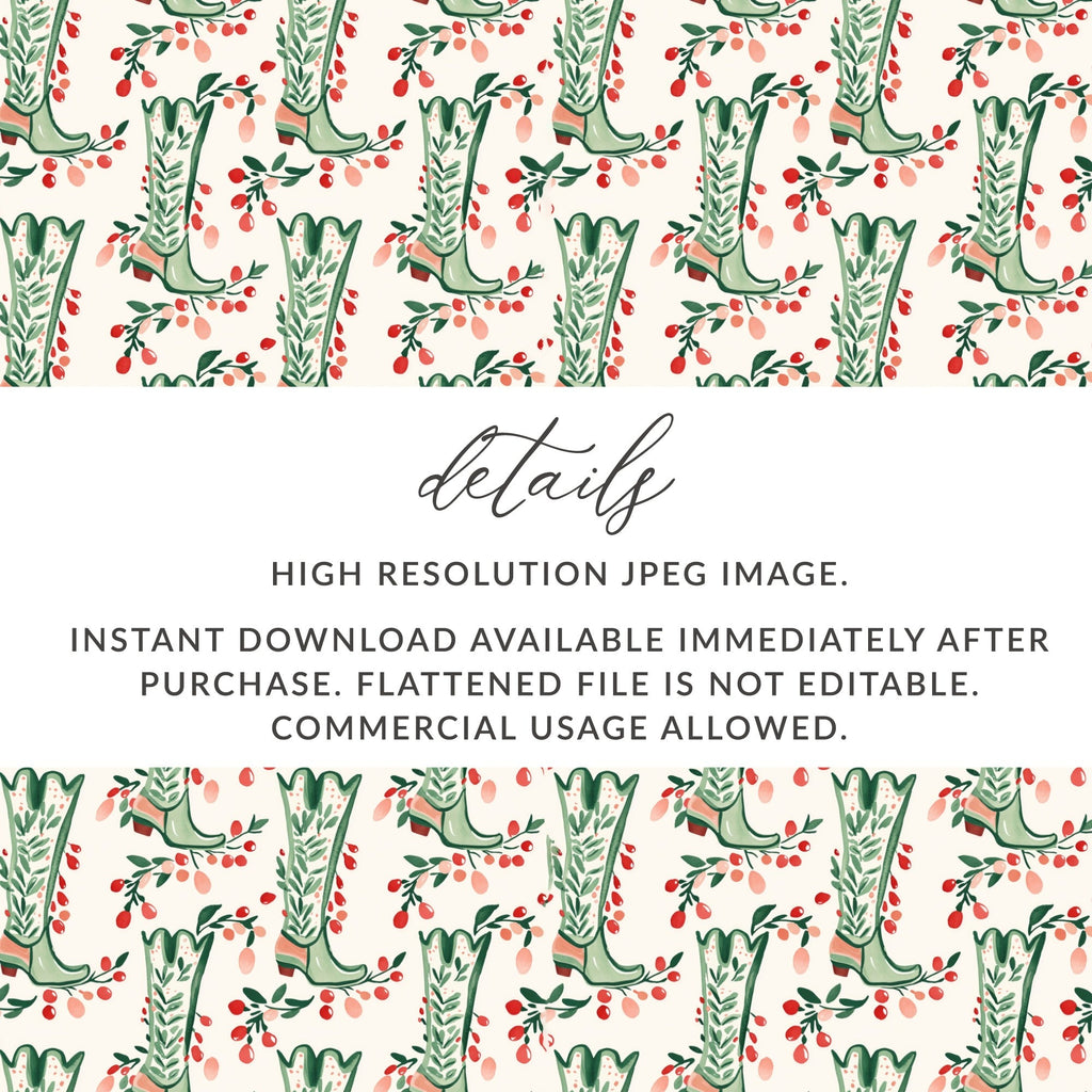 Cowboy Boot Digital Paper, Floral Boots Seamless Pattern, Western Style Digital Download, Digital Scrapbook Paper, Printable Fabric Design - Moore and Mountain