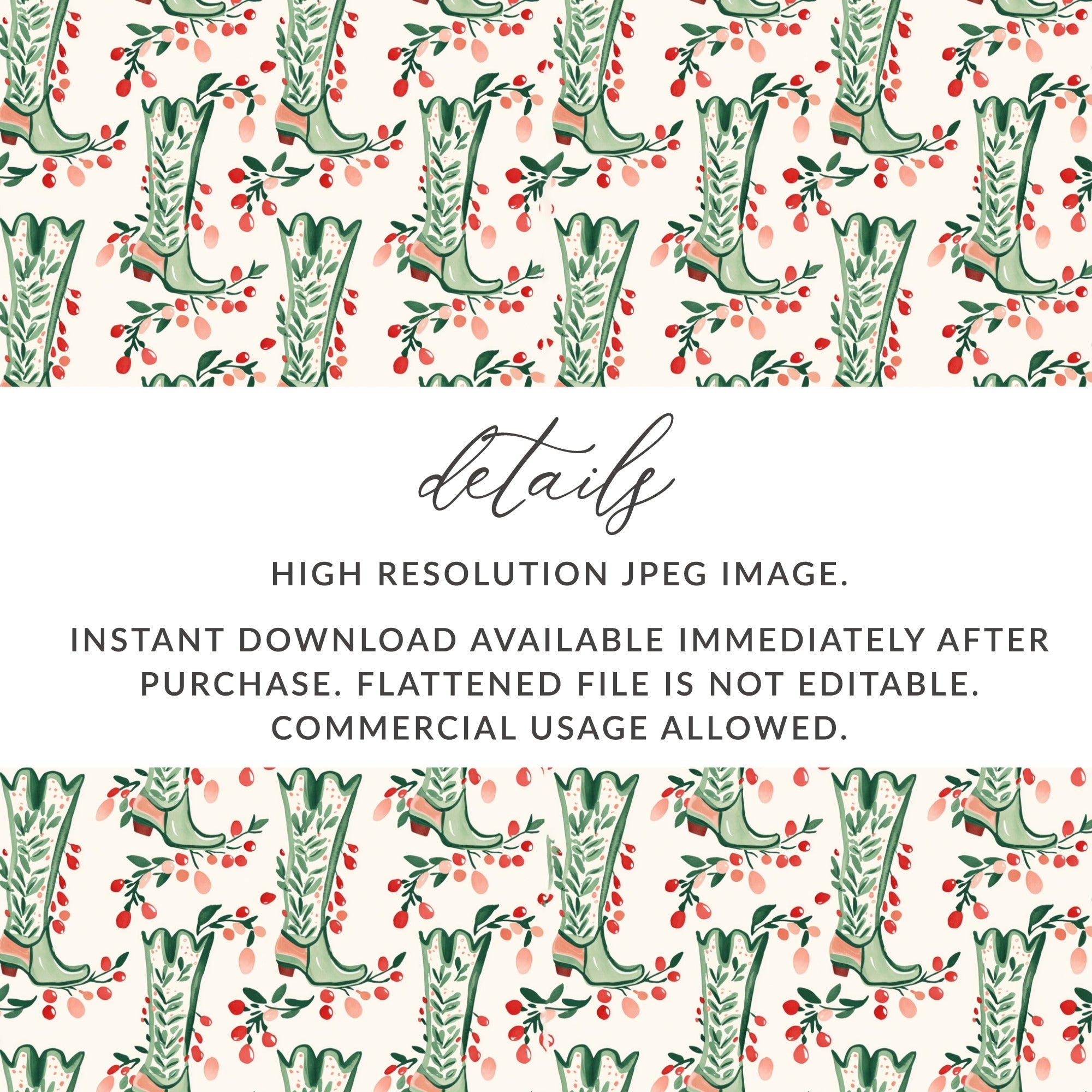 Cowboy Boot Digital Paper, Floral Boots Seamless Pattern, Western Style Digital Download, Digital Scrapbook Paper, Printable Fabric Design - Moore and Mountain
