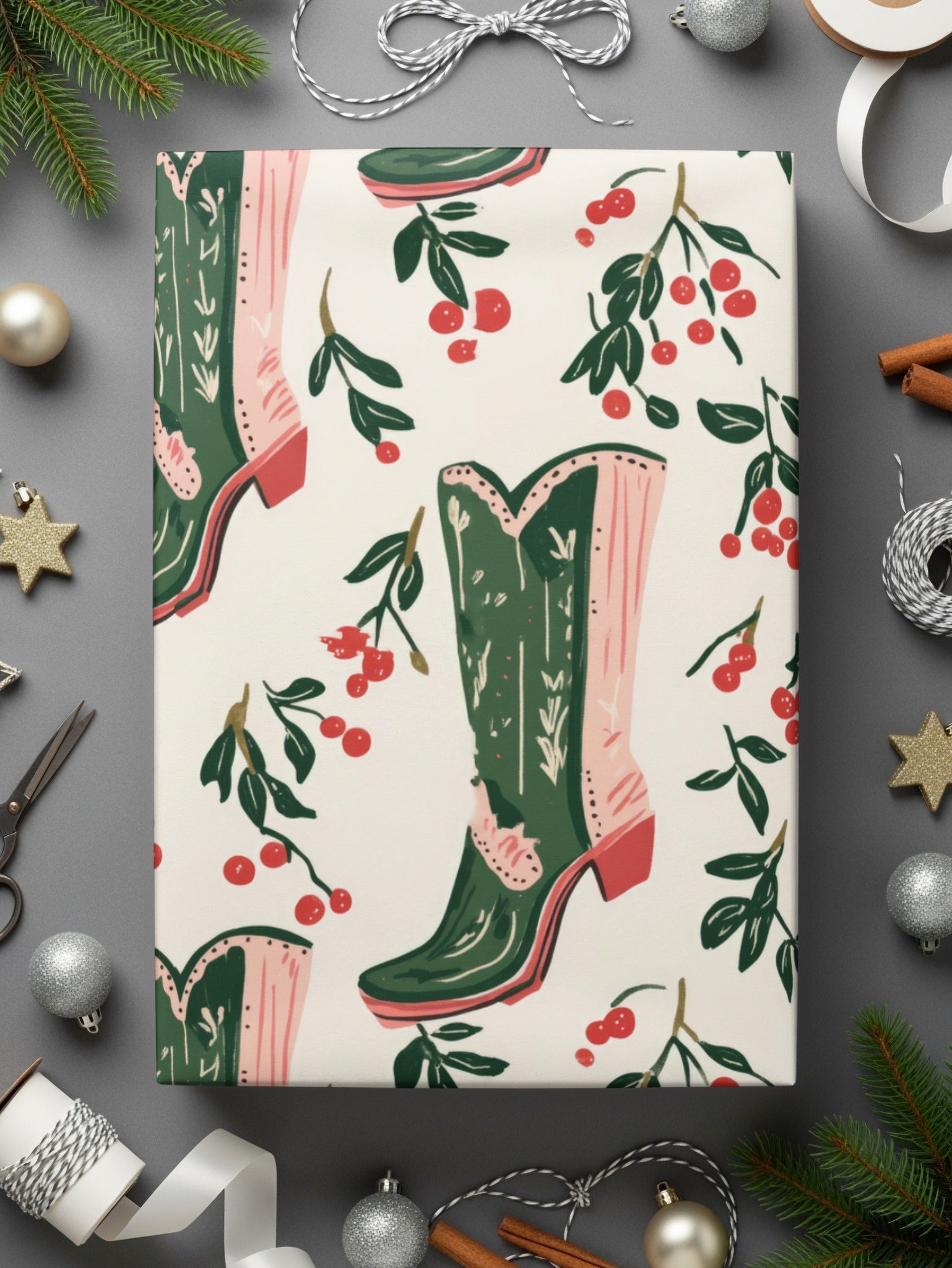 Cowboy Boots Seamless Digital Paper, Western Pattern Digital Download, Cherry Branches, Scrapbook Paper, Fabric Design, Commercial Use - Moore and Mountain