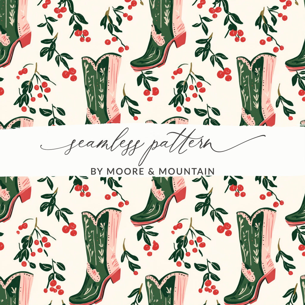 Cowboy Boots Seamless Digital Paper, Western Pattern Digital Download, Cherry Branches, Scrapbook Paper, Fabric Design, Commercial Use - Moore and Mountain