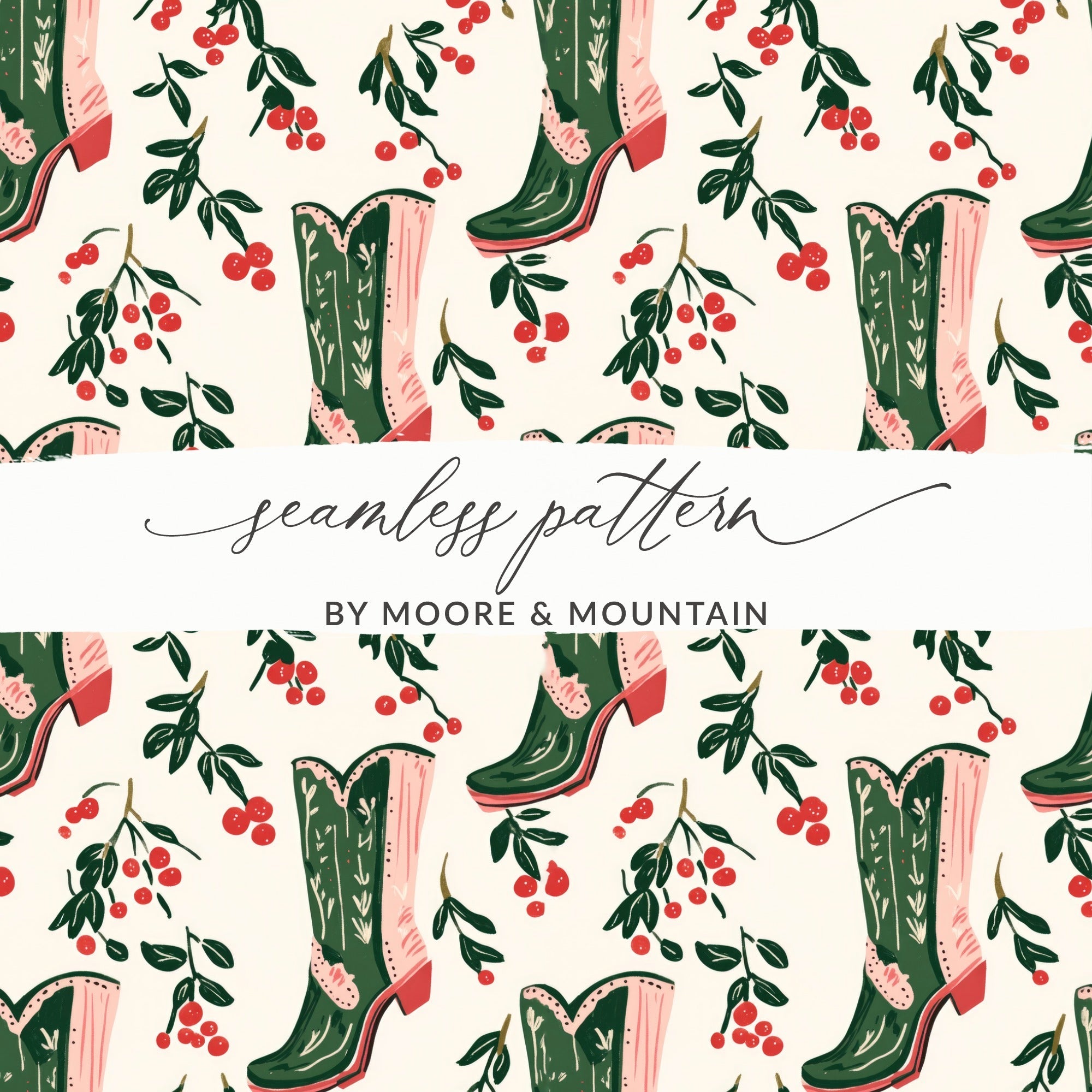 Cowboy Boots Seamless Digital Paper, Western Pattern Digital Download, Cherry Branches, Scrapbook Paper, Fabric Design, Commercial Use - Moore and Mountain