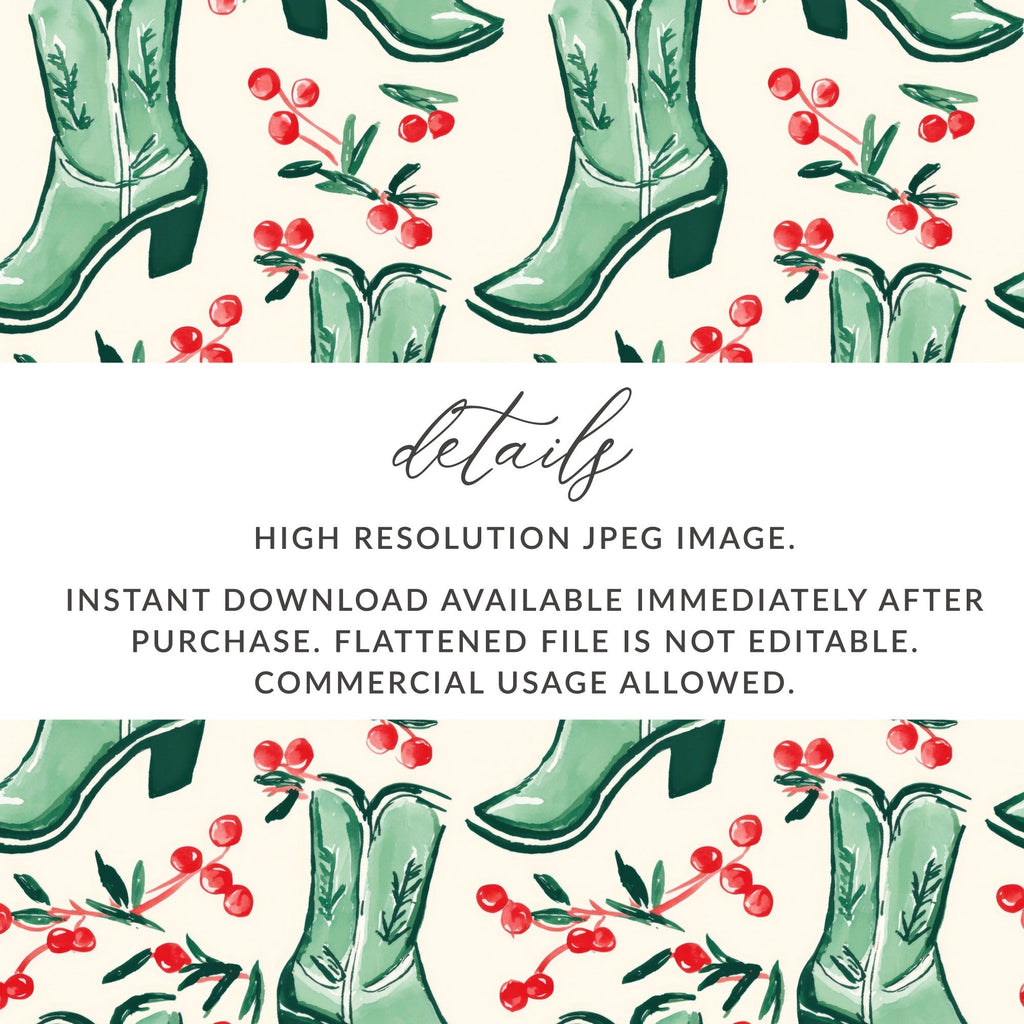 Cowboy Boots Seamless Pattern Digital, Watercolor Boots File, Trendy Western Print, Cherries JPEG Digital, 12x12 Inches - Moore and Mountain