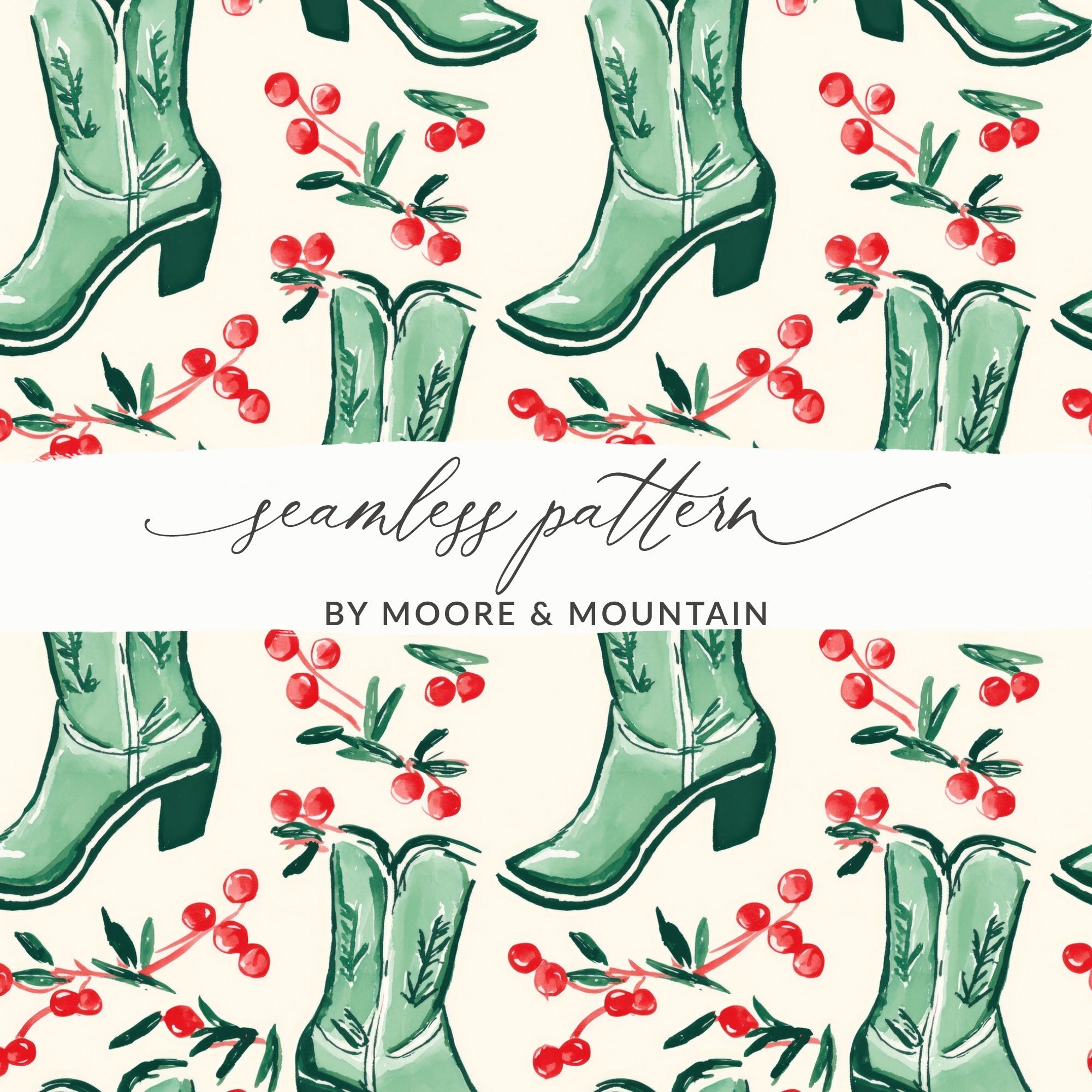 Cowboy Boots Seamless Pattern Digital, Watercolor Boots File, Trendy Western Print, Cherries JPEG Digital, 12x12 Inches - Moore and Mountain