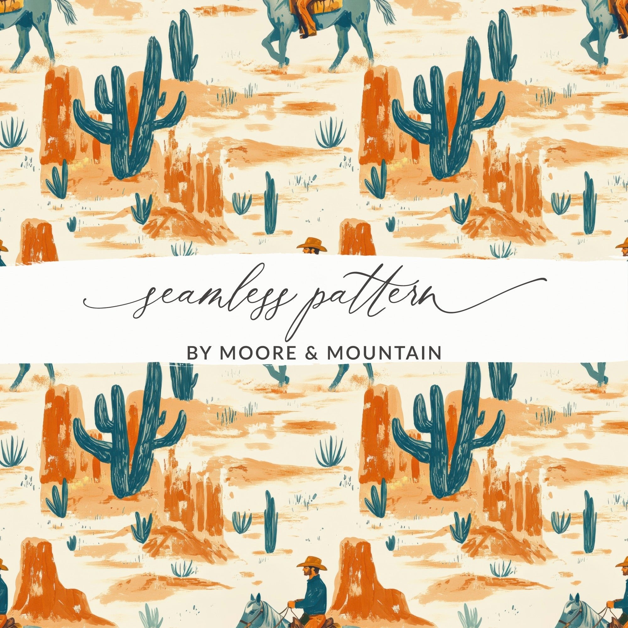 Cowboy Digital Paper, Western Seamless Pattern, Cactus Digital Download, Desert Repeat Pattern, Wild West Design, Digital Paper Pack - Moore and Mountain