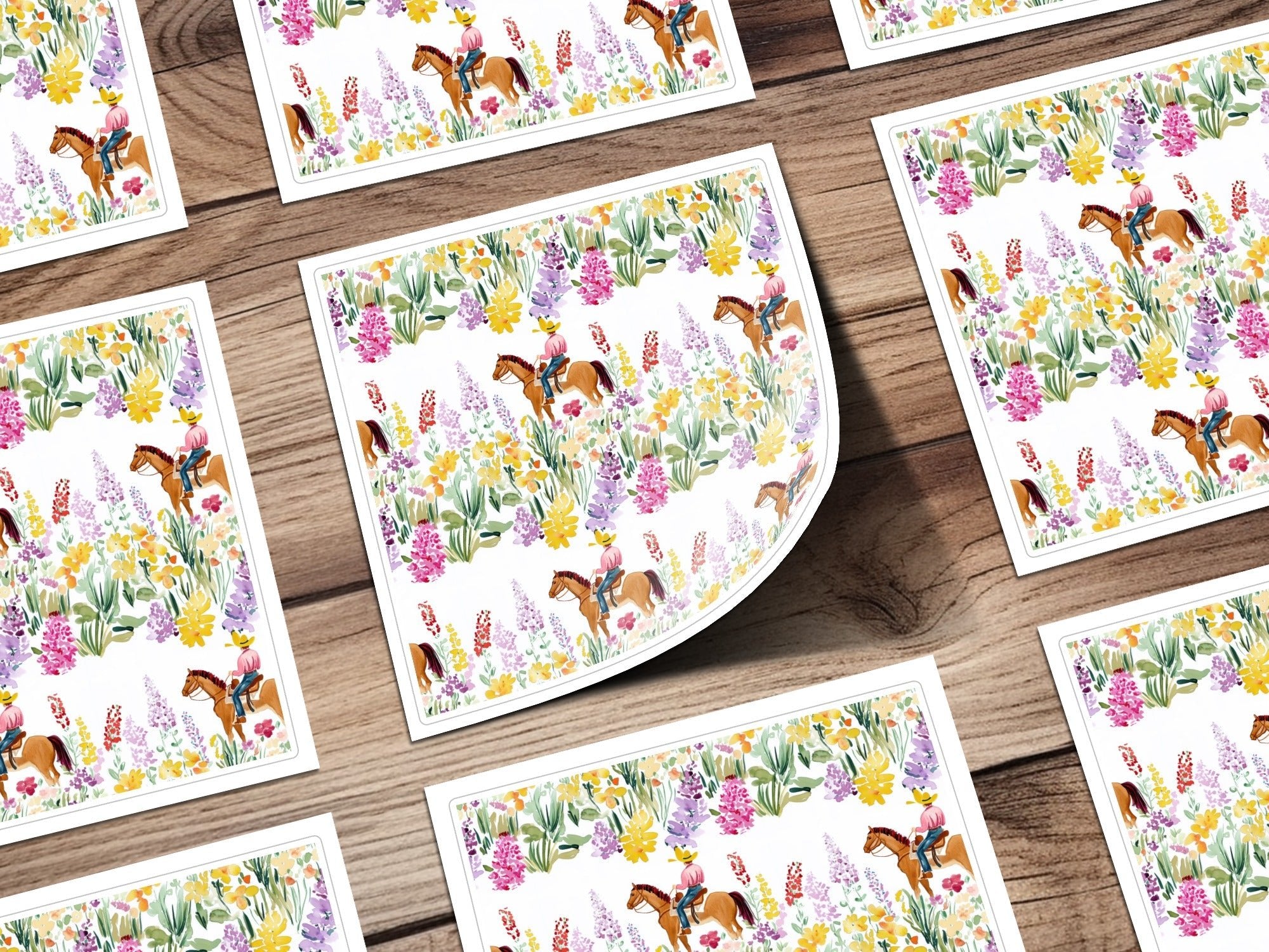 Cowboy Horse Flowers Digital Paper, Watercolor Seamless Pattern, Farmhouse Background, Rustic Floral Fabric Design, Printable Scrapbook - Moore and Mountain