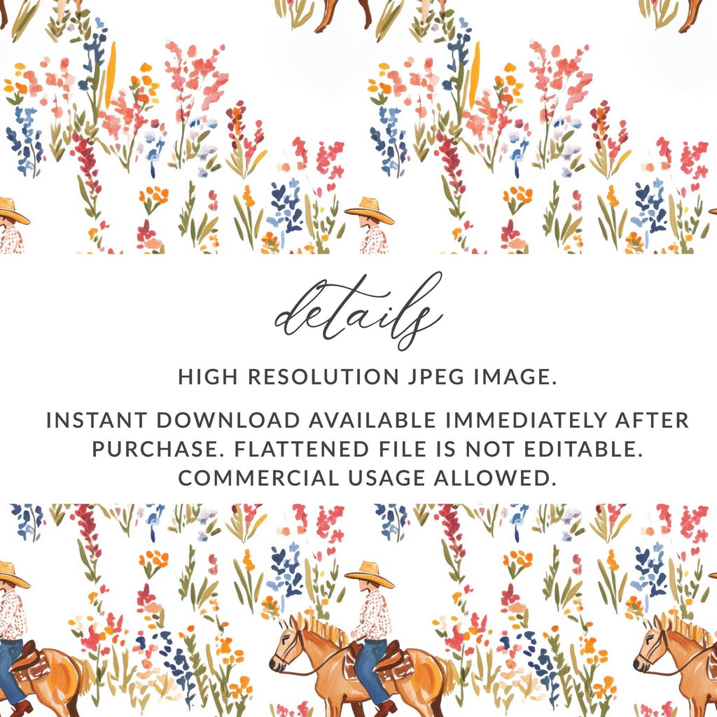 Cowgirl Digital Seamless Pattern, Wildflower Digital Paper, Horse Rider Floral Design, Western Repeat Pattern, Digital Fabric, JPEG Files - Moore and Mountain