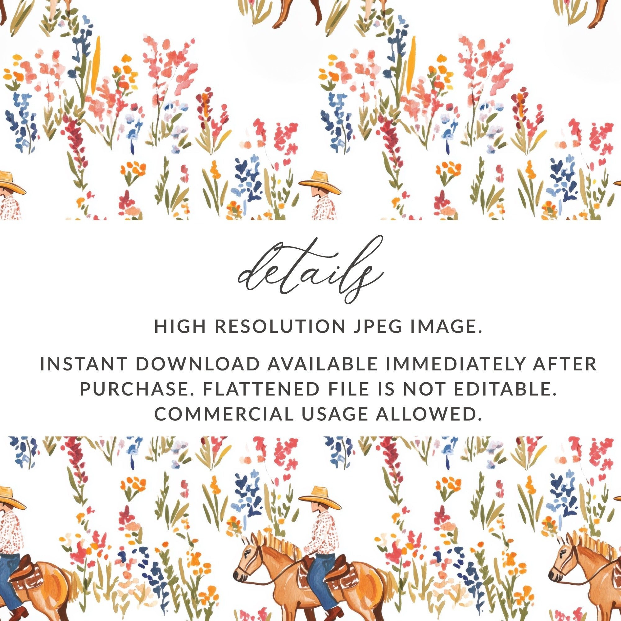 Cowgirl Digital Seamless Pattern, Wildflower Digital Paper, Horse Rider Floral Design, Western Repeat Pattern, Digital Fabric, JPEG Files - Moore and Mountain