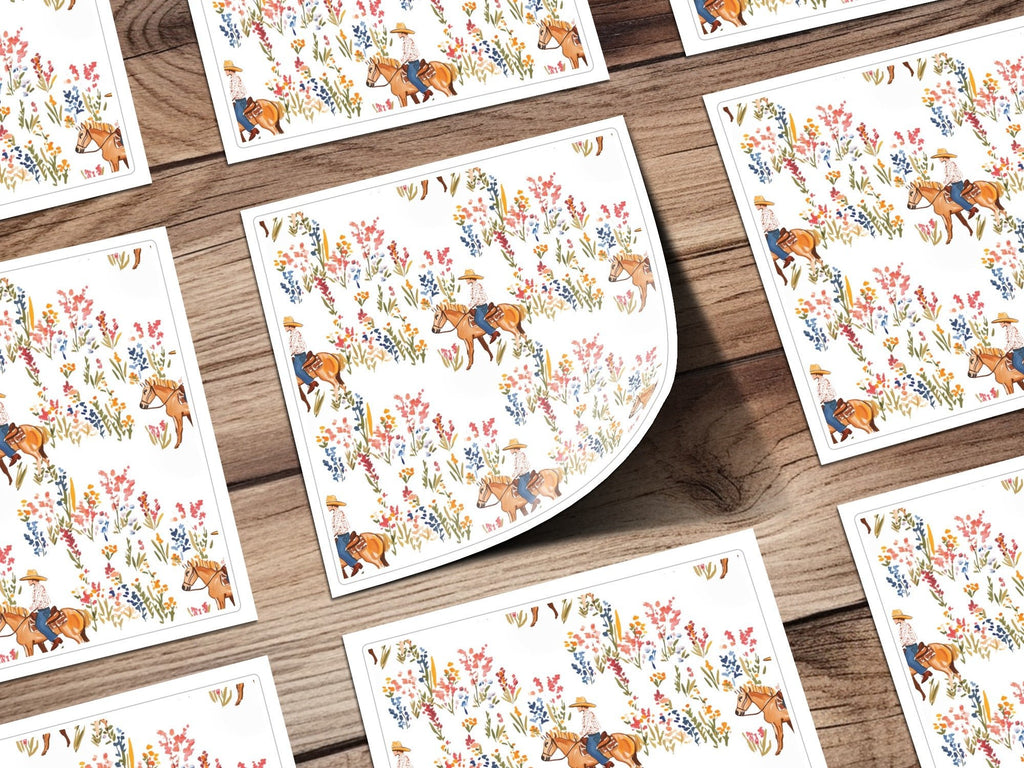 Cowgirl Digital Seamless Pattern, Wildflower Digital Paper, Horse Rider Floral Design, Western Repeat Pattern, Digital Fabric, JPEG Files - Moore and Mountain