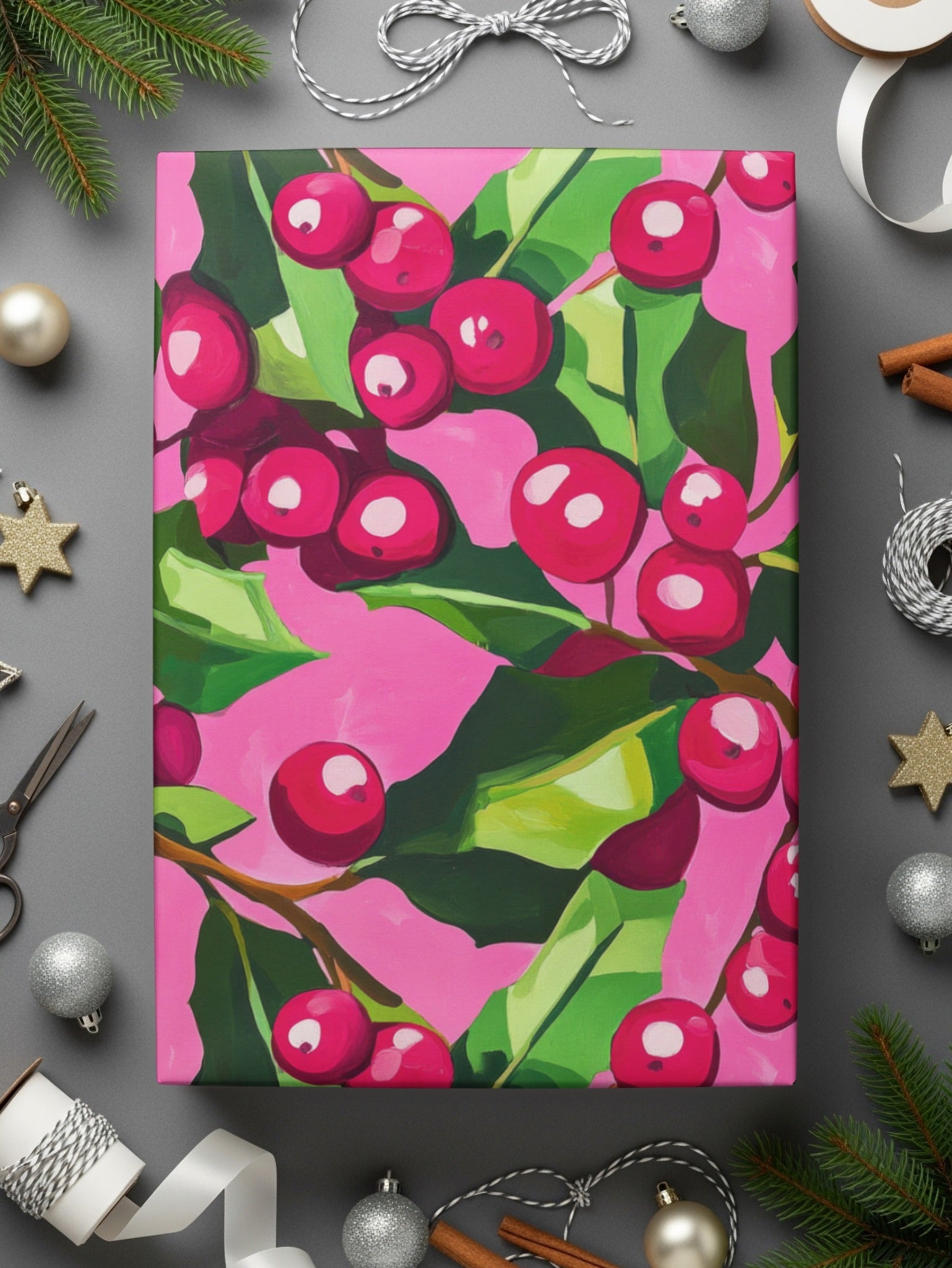 Cranberry Digital Paper, Seamless Pattern, Red Berries, Pink Green Floral, Commercial Use, Digital Download, Digital Scrapbook Paper - Moore and Mountain