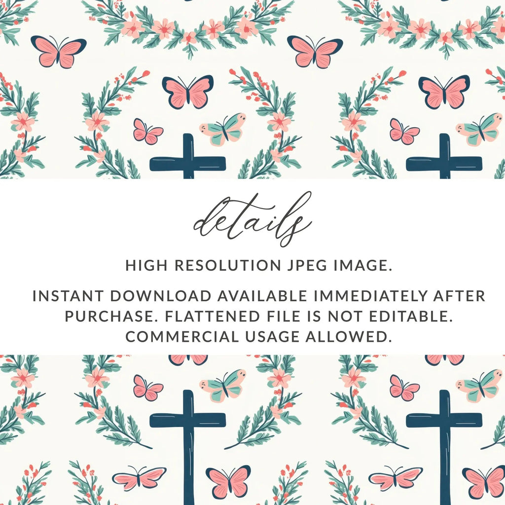 Cross Butterfly Digital Paper, Floral Seamless Pattern, Christian Digital Background, Religious Print, Digital Files for Fabric, Crafts - Moore and Mountain