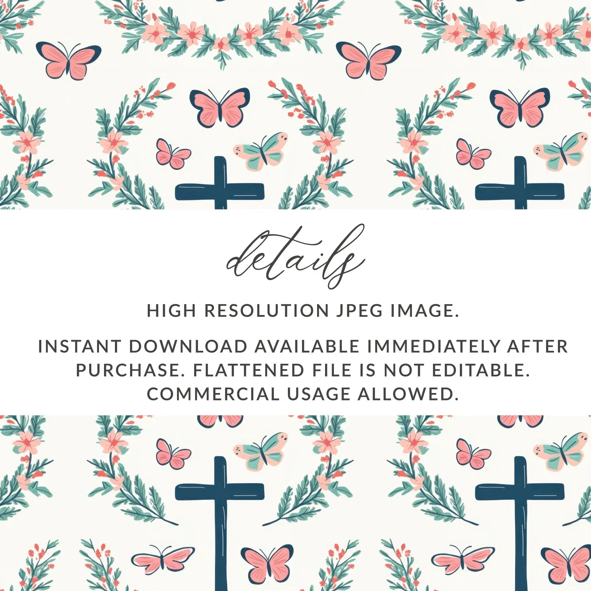 Cross Butterfly Digital Paper, Floral Seamless Pattern, Christian Digital Background, Religious Print, Digital Files for Fabric, Crafts - Moore and Mountain