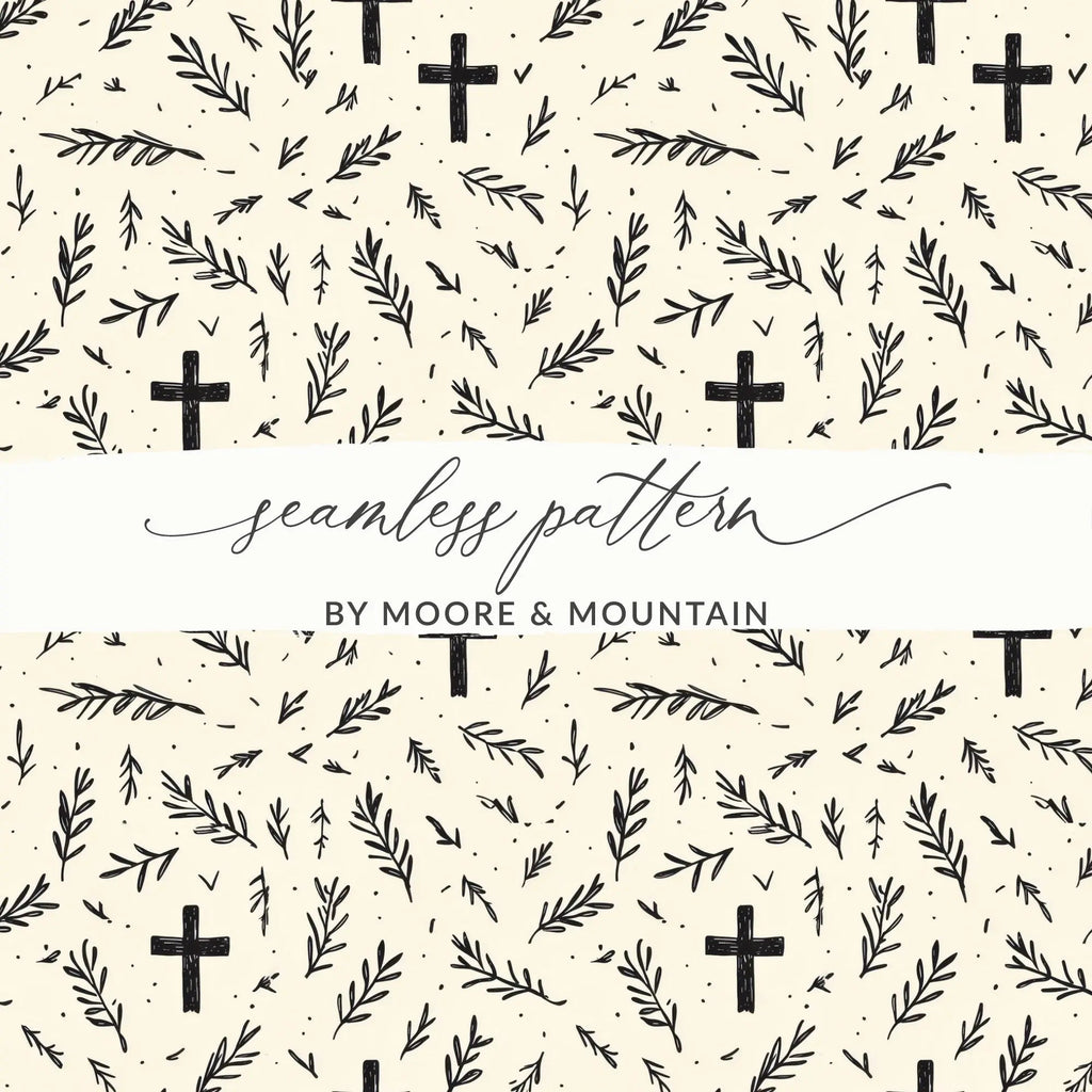 Cross Seamless Pattern, Faith Digital Paper, Religious Background, Christian Digital Printable, Rustic Easter Digital, Leaves Pattern - Moore and Mountain