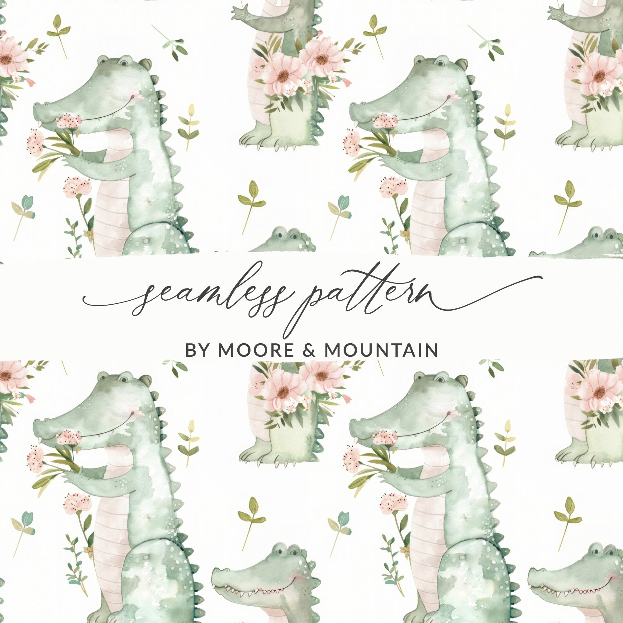 Cute Alligator Seamless Pattern, Watercolor Crocodile Fabric Design, Reptile Digital Paper, Nursery Art Print, Floral Gator Download - Moore and Mountain