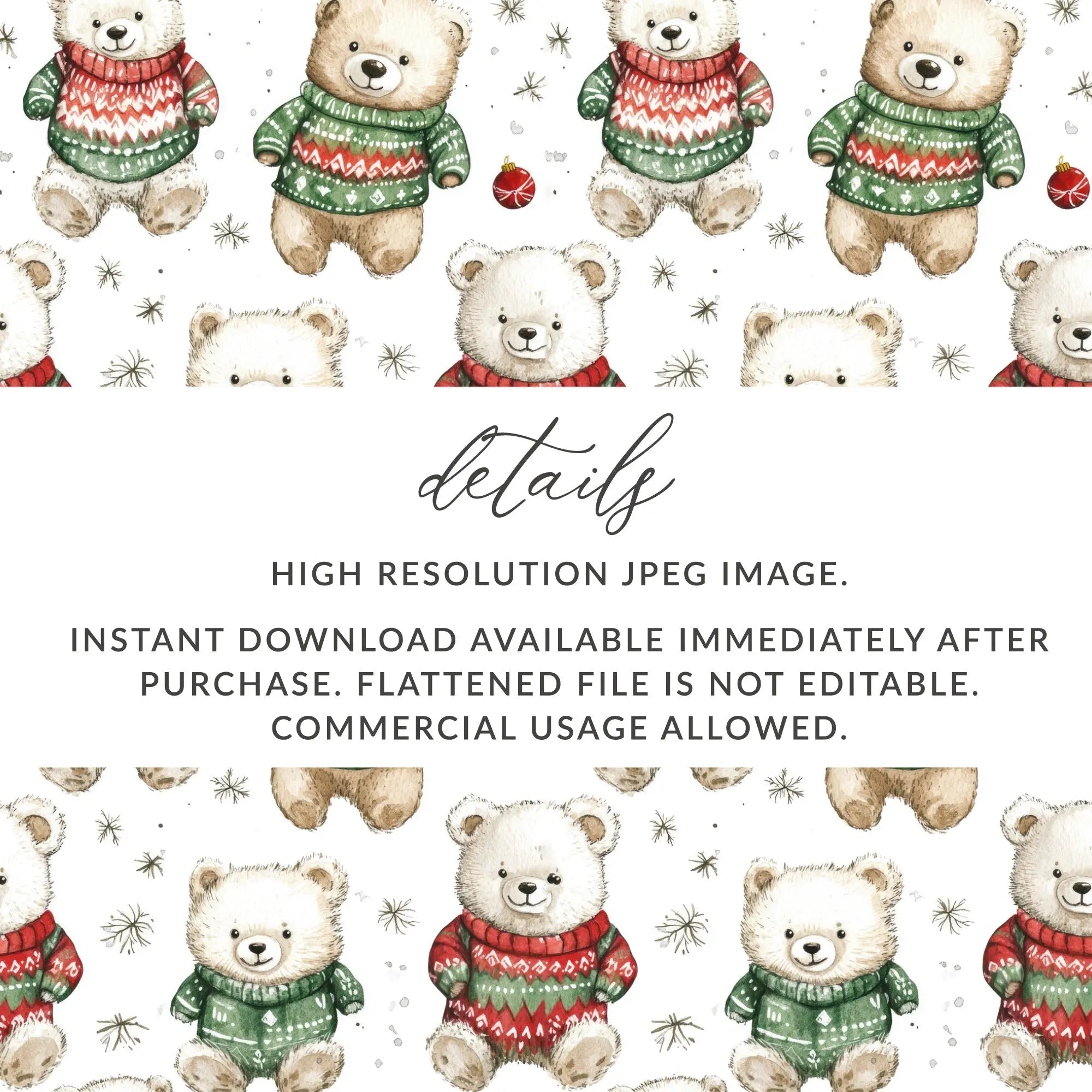 Cute Bear Christmas Seamless Pattern Digital, Holiday Sweater Teddy Bear Digital Paper, Festive Ornament Watercolor Animal Background - Moore and Mountain