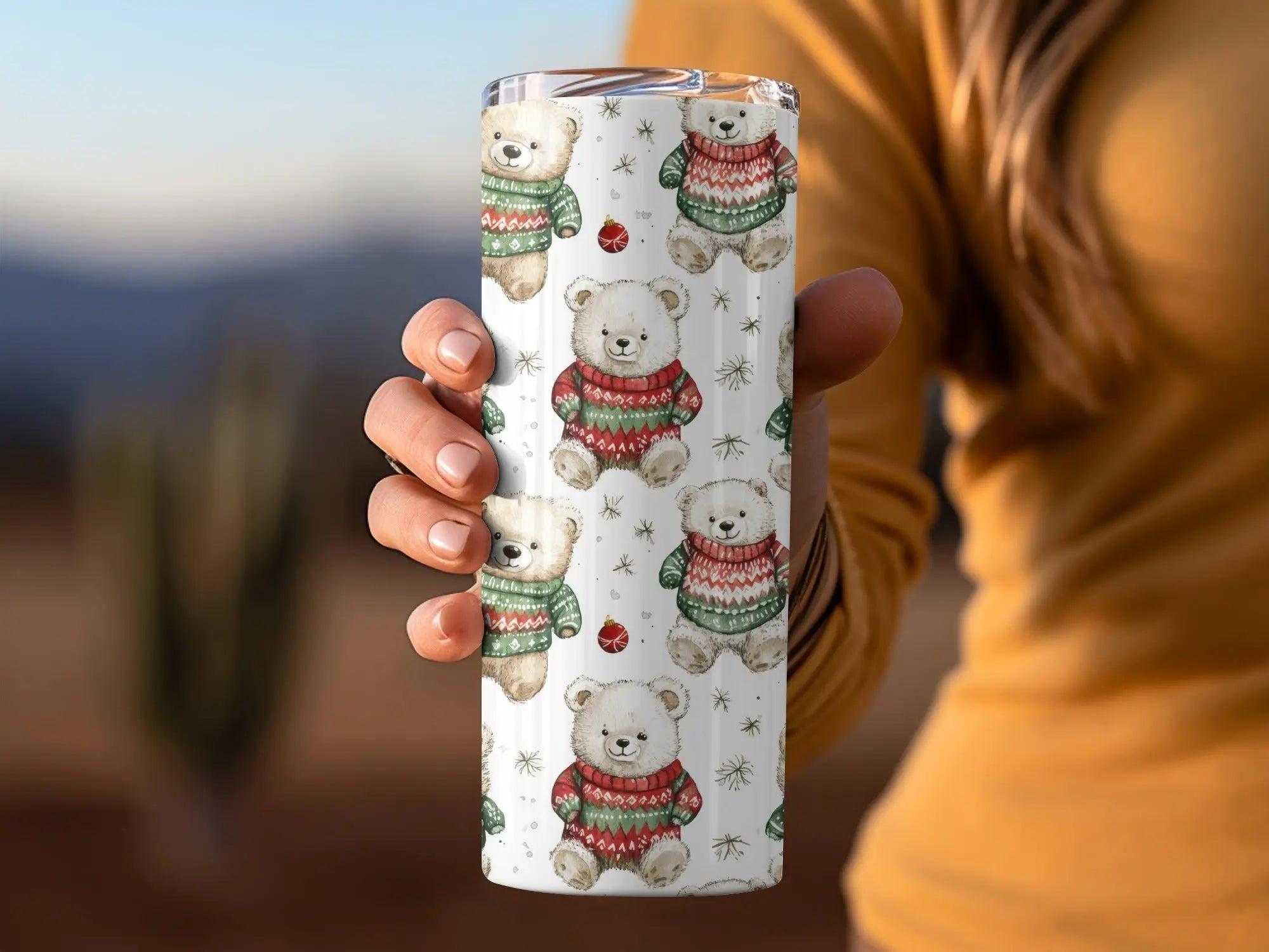 Cute Bear Christmas Seamless Pattern Digital, Holiday Sweater Teddy Bear Digital Paper, Festive Ornament Watercolor Animal Background - Moore and Mountain