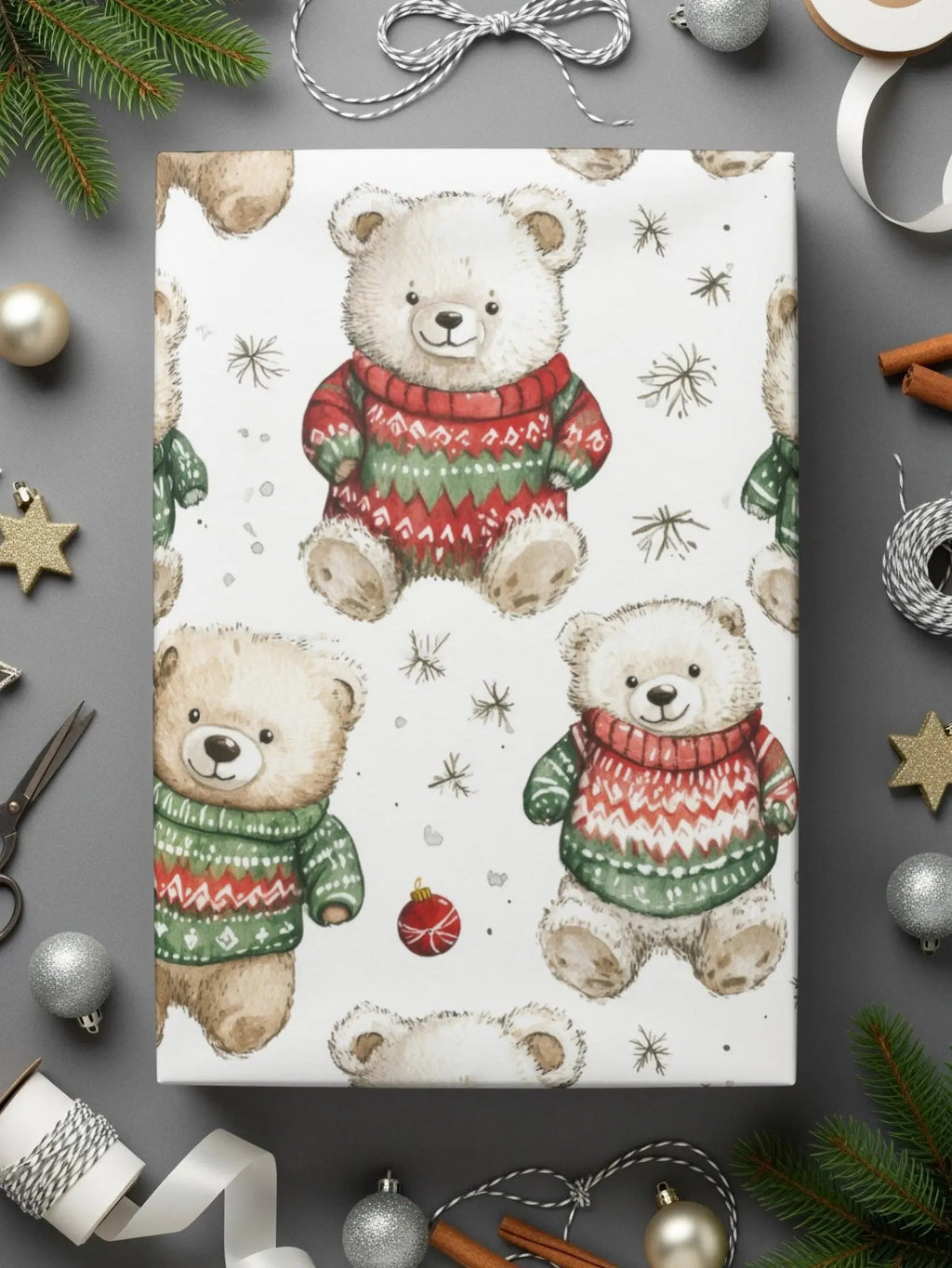 Cute Bear Christmas Seamless Pattern Digital, Holiday Sweater Teddy Bear Digital Paper, Festive Ornament Watercolor Animal Background - Moore and Mountain