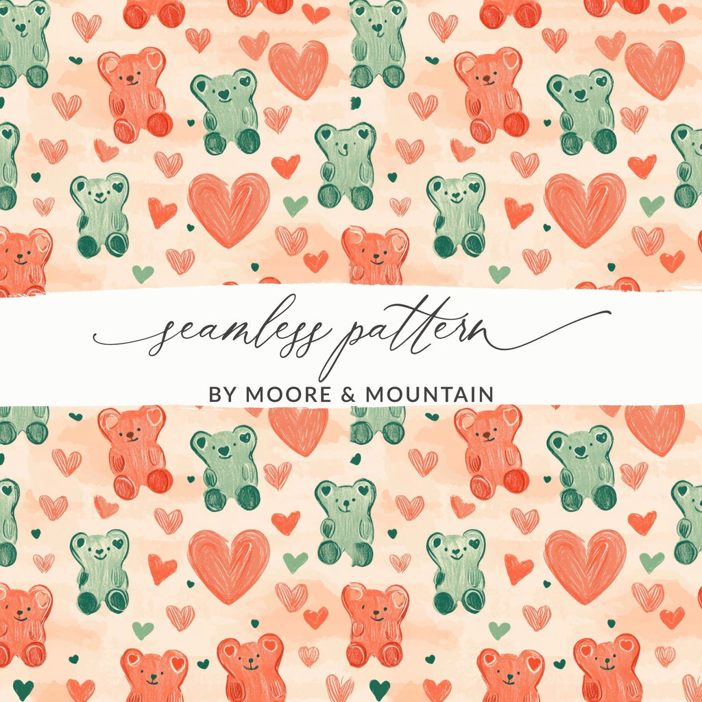 Cute Bears Heart Seamless Pattern Digital, Valentines Day, Scrapbook Paper, Fabric Design, Kids Room Decor, Commercial Use - Moore and Mountain