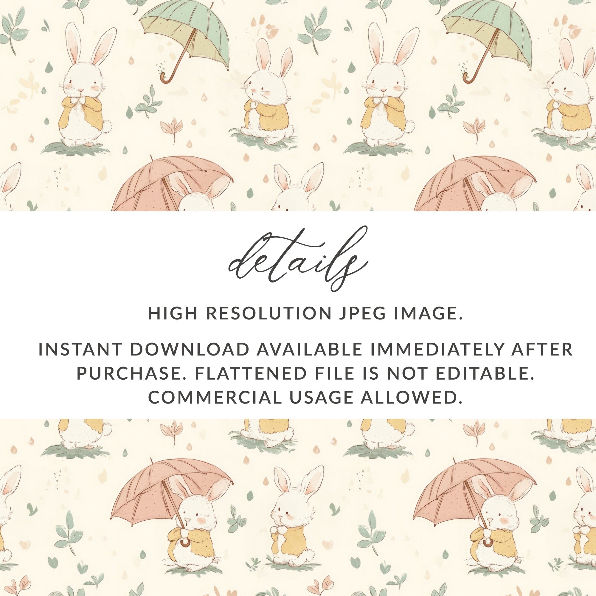 Cute Bunny Seamless Pattern, Umbrella Digital Paper, Spring Animal Print, Easter Repeat Design, Commercial Use, 12x12 Digital Download - Moore and Mountain
