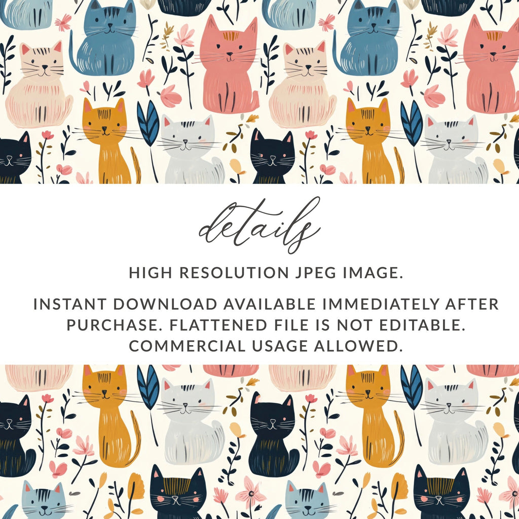 Cute Cat Pattern, Seamless Pattern Digital, Floral Cat Print, Cat Lover Gift, Colorful Cat Design, Kitten Pattern Repeat, Digital Download - Moore and Mountain