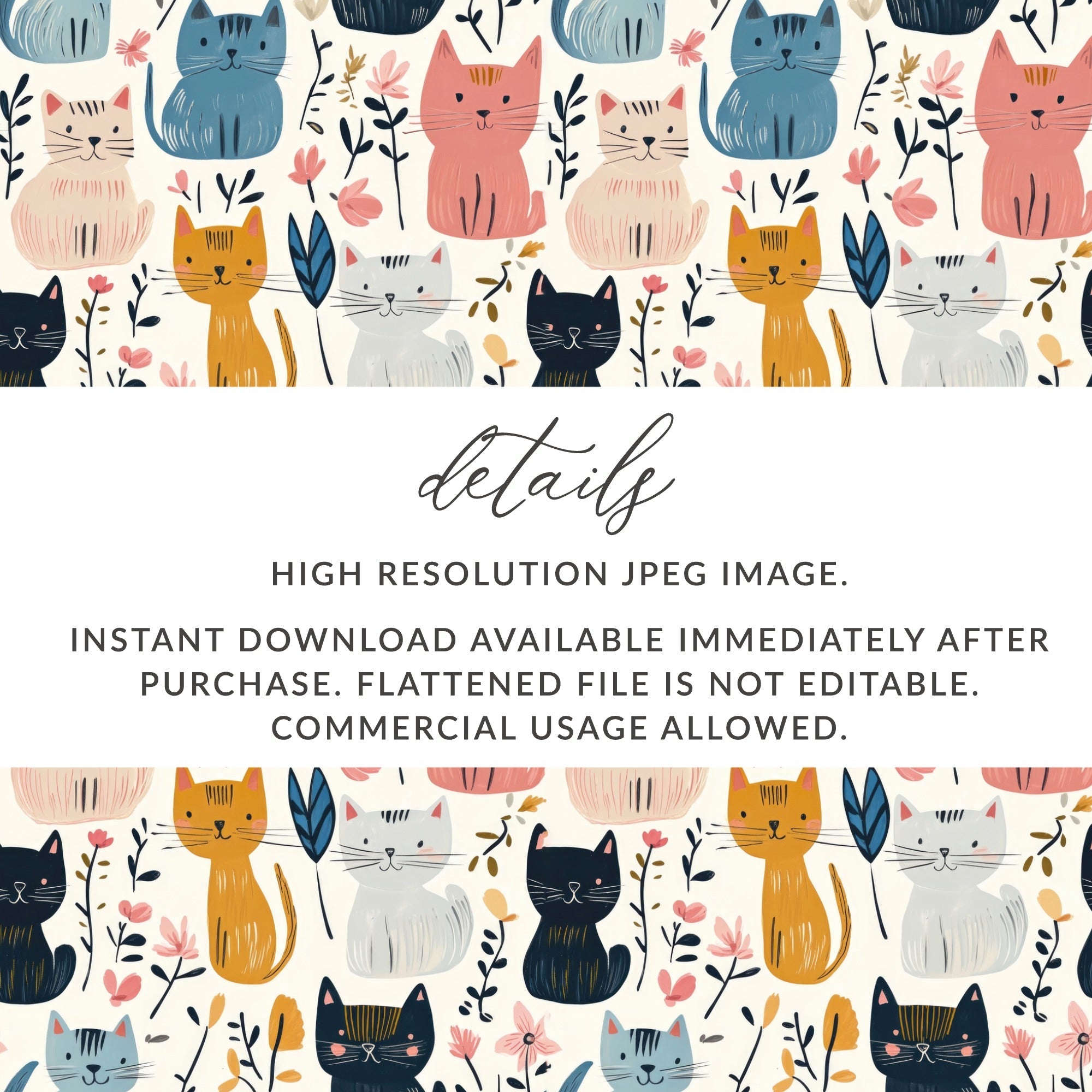 Cute Cat Pattern, Seamless Pattern Digital, Floral Cat Print, Cat Lover Gift, Colorful Cat Design, Kitten Pattern Repeat, Digital Download - Moore and Mountain