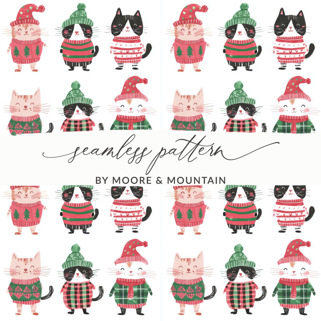 Cute Cats Wearing Winter Clothes Seamless Repeat Pattern Digital, Funny Christmas Background - Moore and Mountain