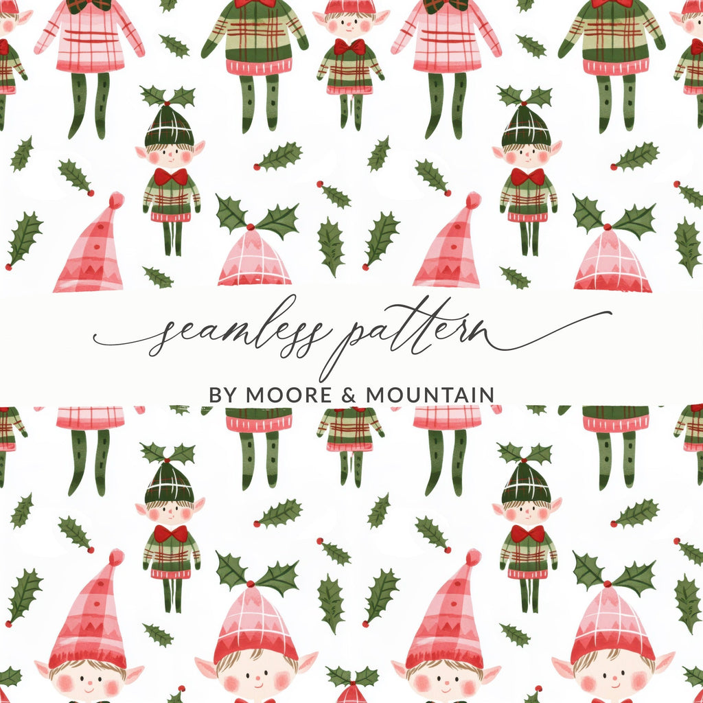 Cute Christmas Elves On White Pattern Digital Product - Moore and Mountain