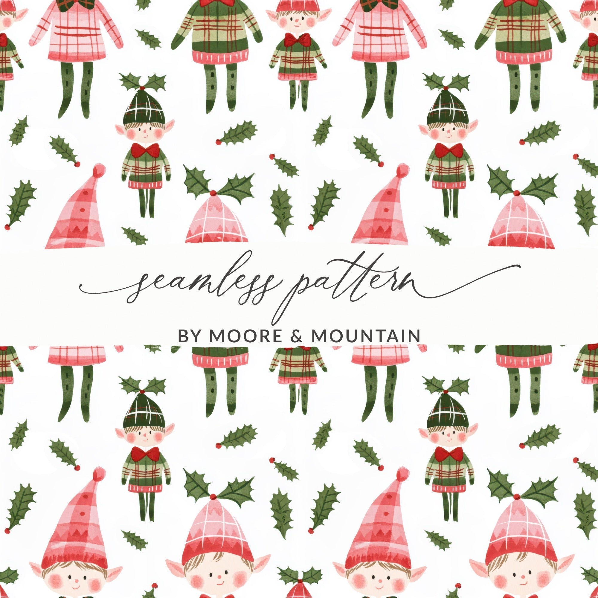 Cute Christmas Elves On White Pattern Digital Product - Moore and Mountain